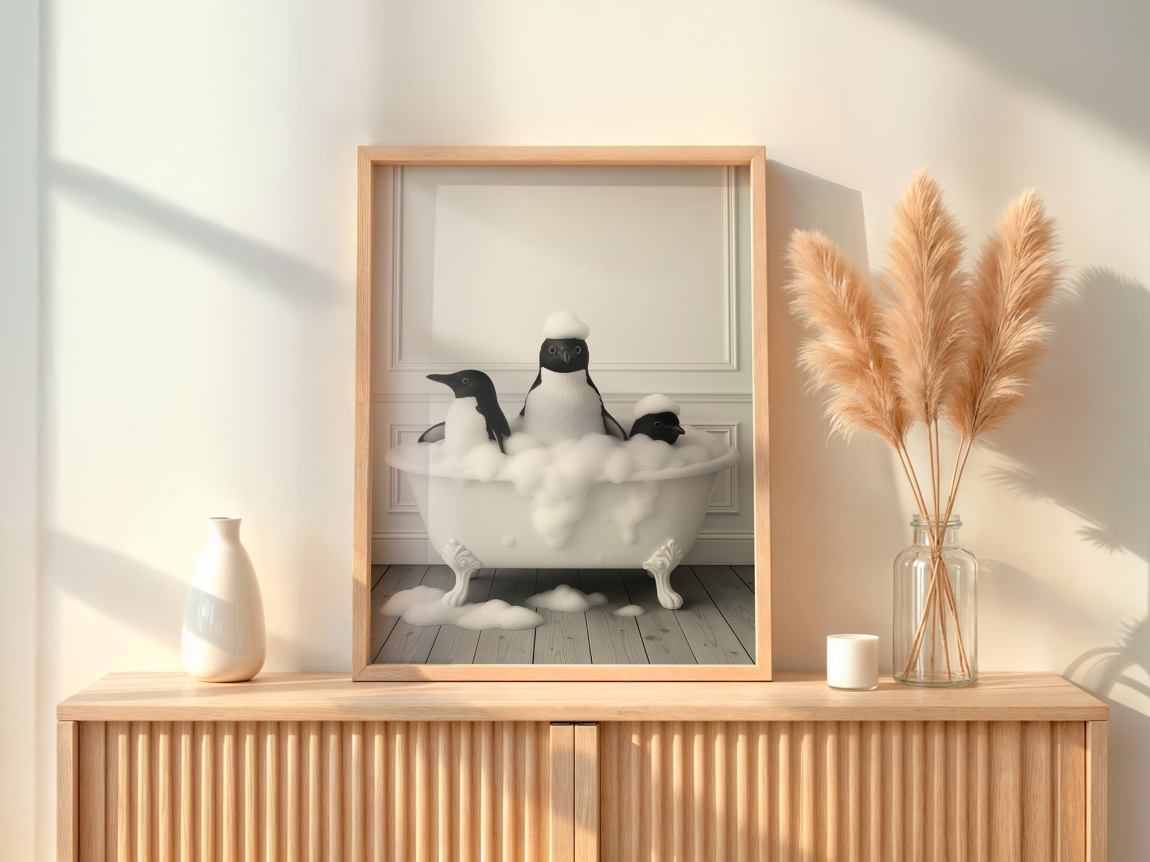 Penguins in Bathtub Print, Funny Bathroom Wall Art, Animal Humor Poster