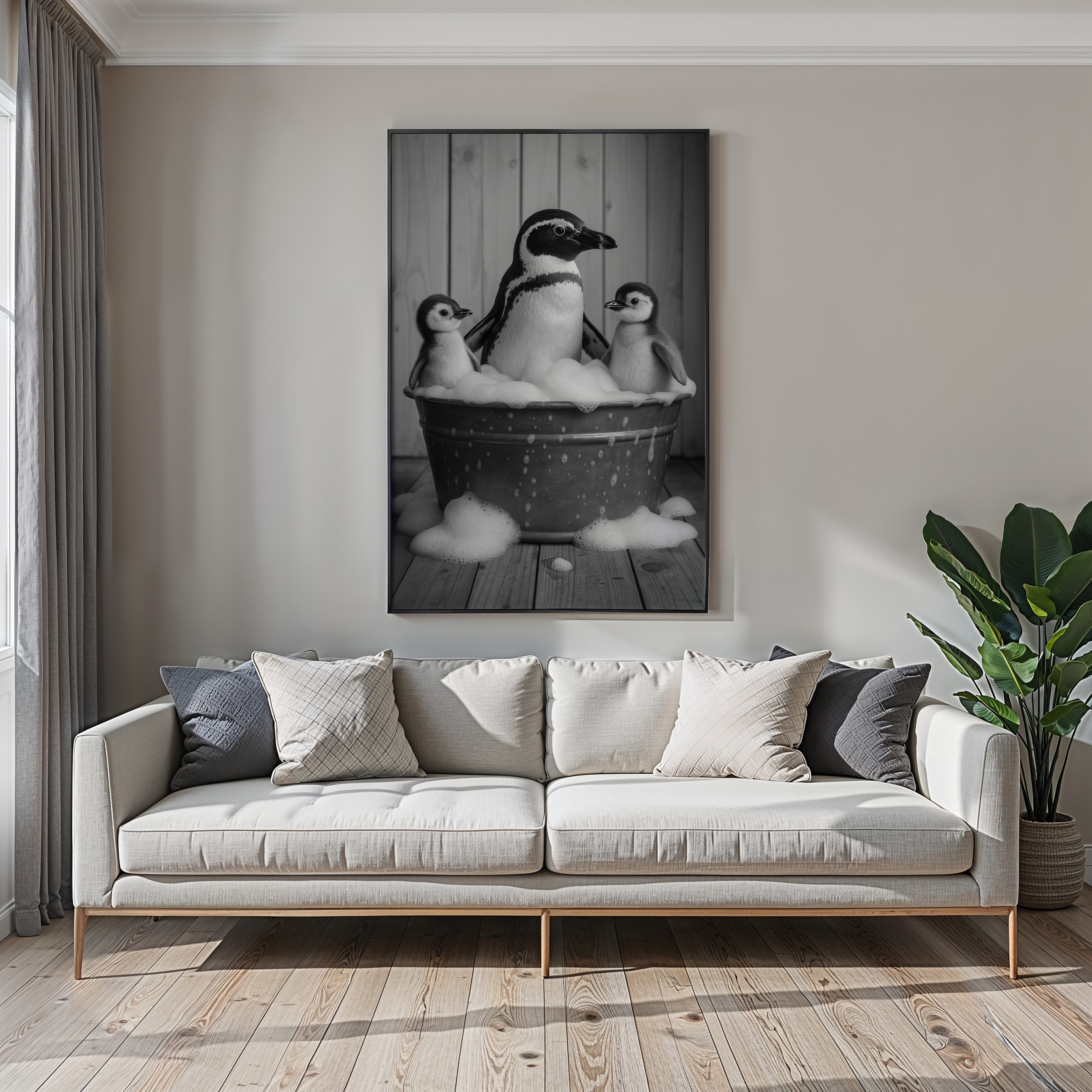 Penguin Family Bathtub Print, Funny Bathroom Wall Art, Quirky Nursery Decor