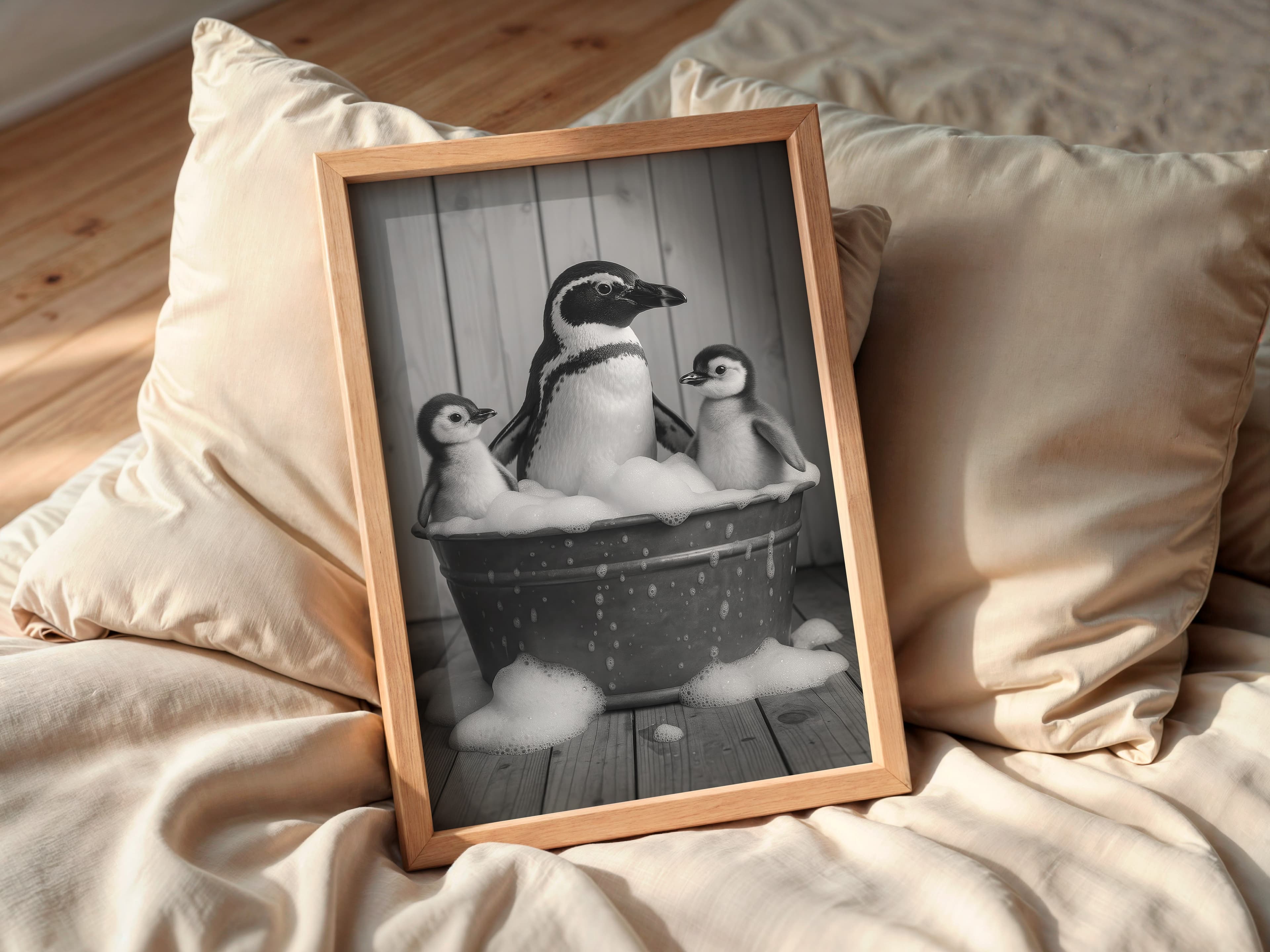 Penguin Family Bathtub Print, Funny Bathroom Wall Art, Quirky Nursery Decor
