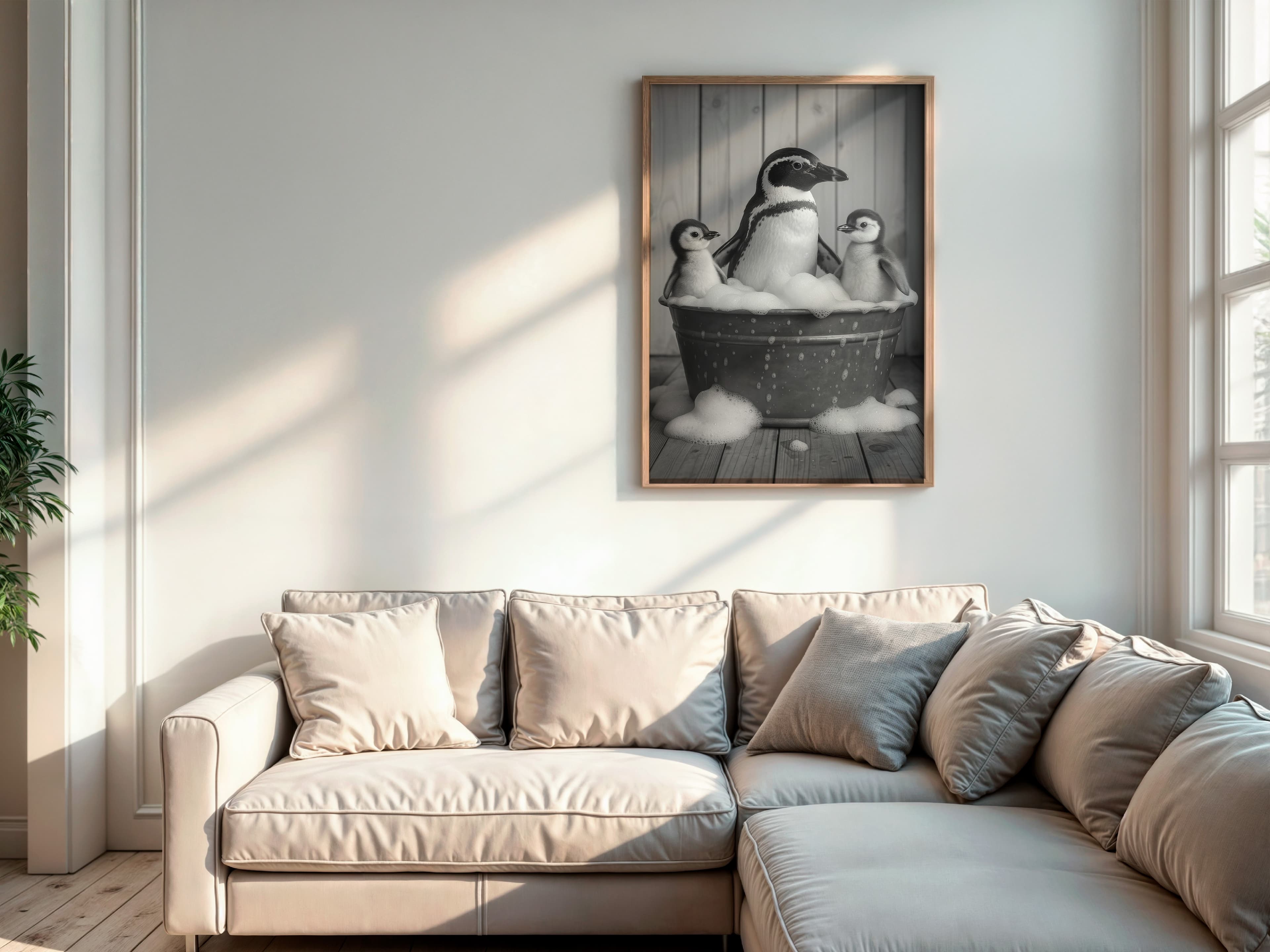 Penguin Family Bathtub Print, Funny Bathroom Wall Art, Quirky Nursery Decor
