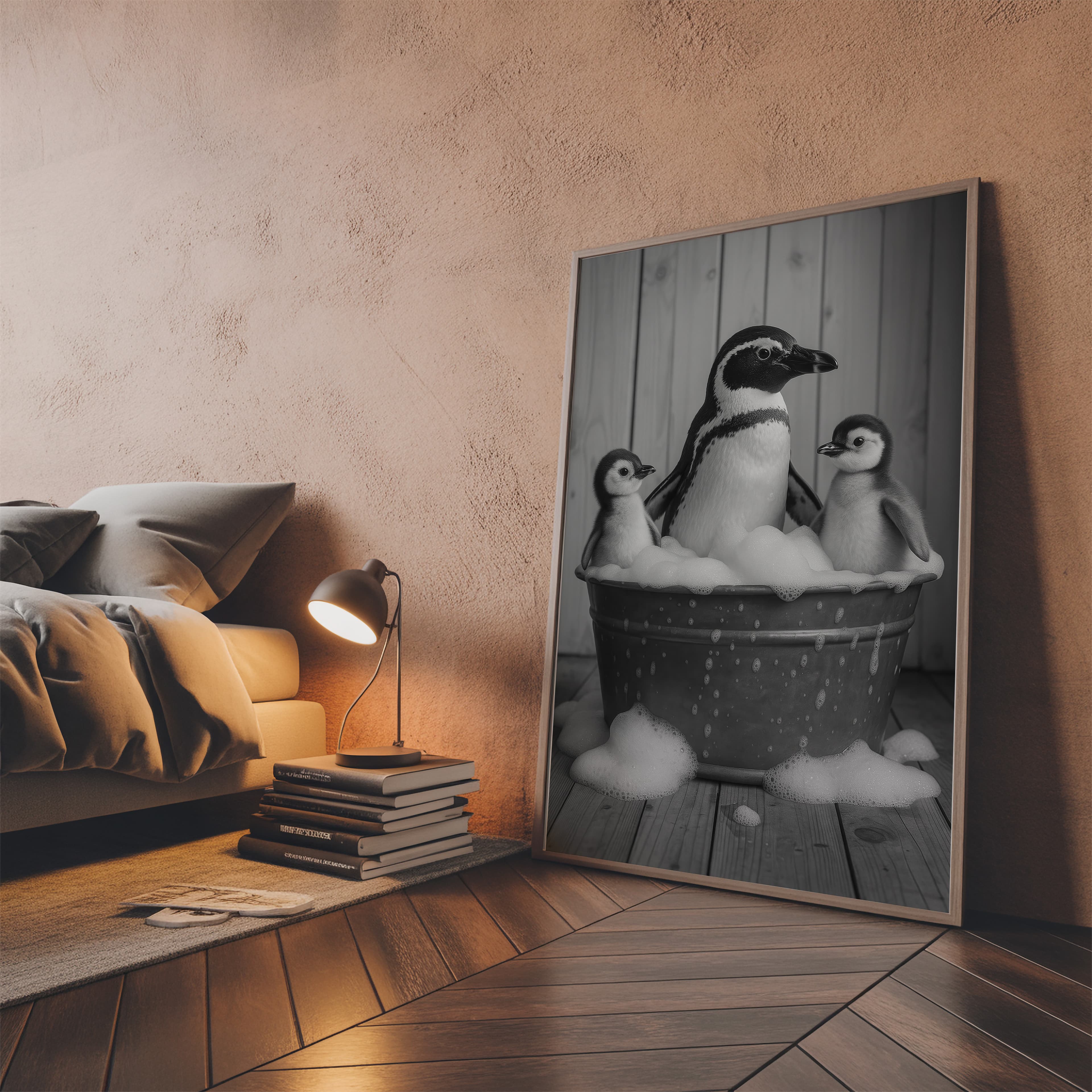 Penguin Family Bathtub Print, Funny Bathroom Wall Art, Quirky Nursery Decor
