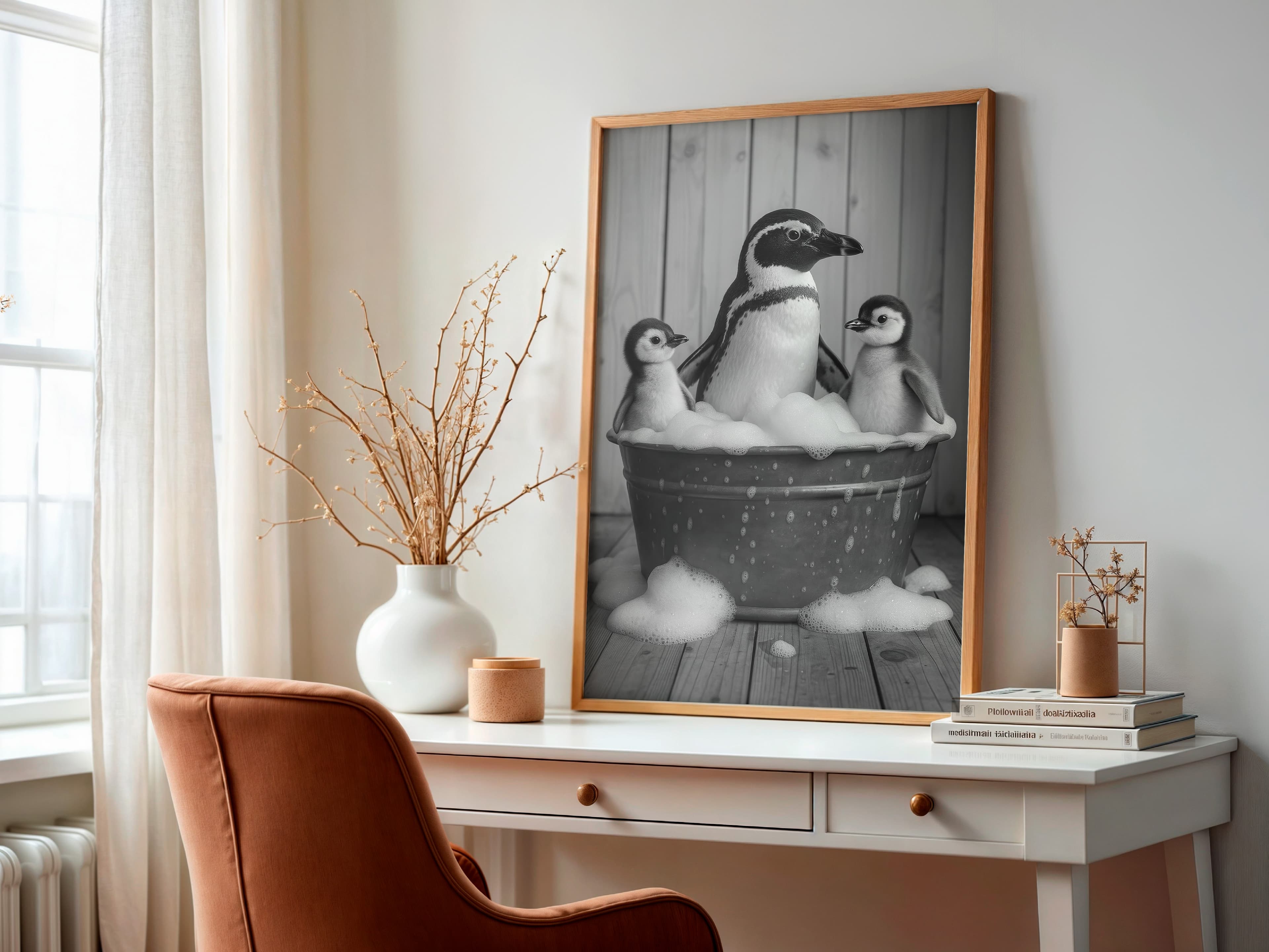Penguin Family Bathtub Print, Funny Bathroom Wall Art, Quirky Nursery Decor
