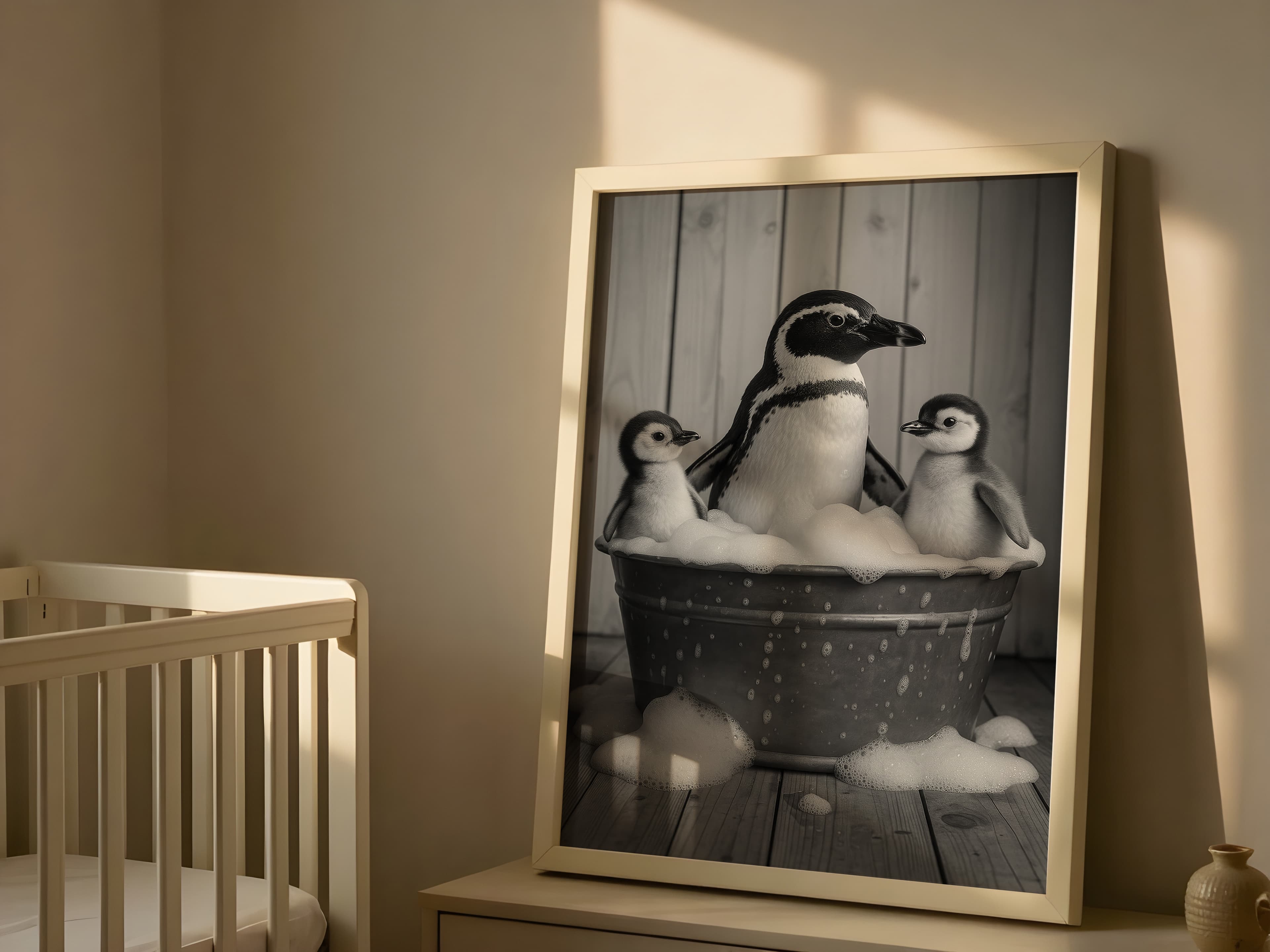 Penguin Family Bathtub Print, Funny Bathroom Wall Art, Quirky Nursery Decor