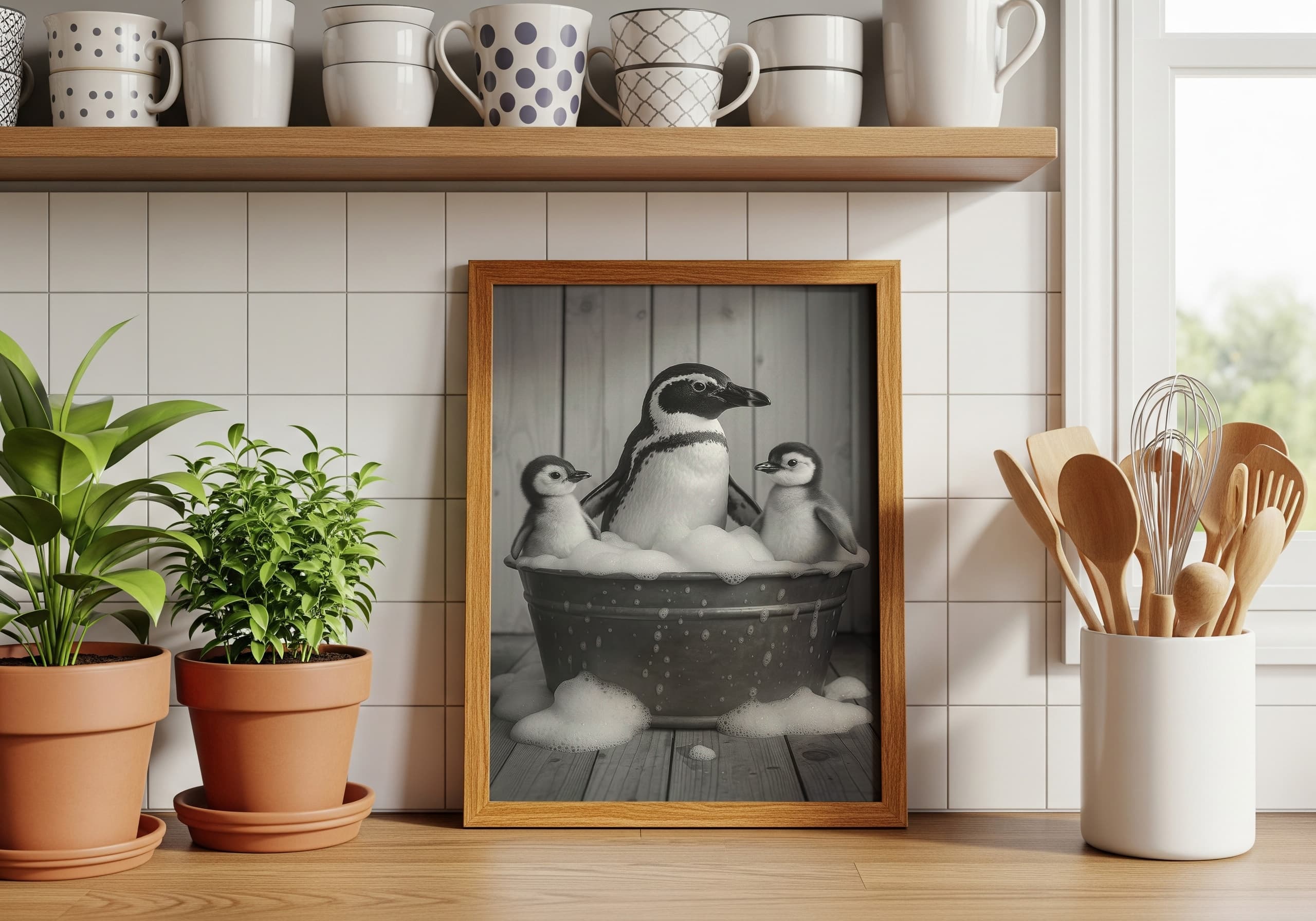 Penguin Family Bathtub Print, Funny Bathroom Wall Art, Quirky Nursery Decor
