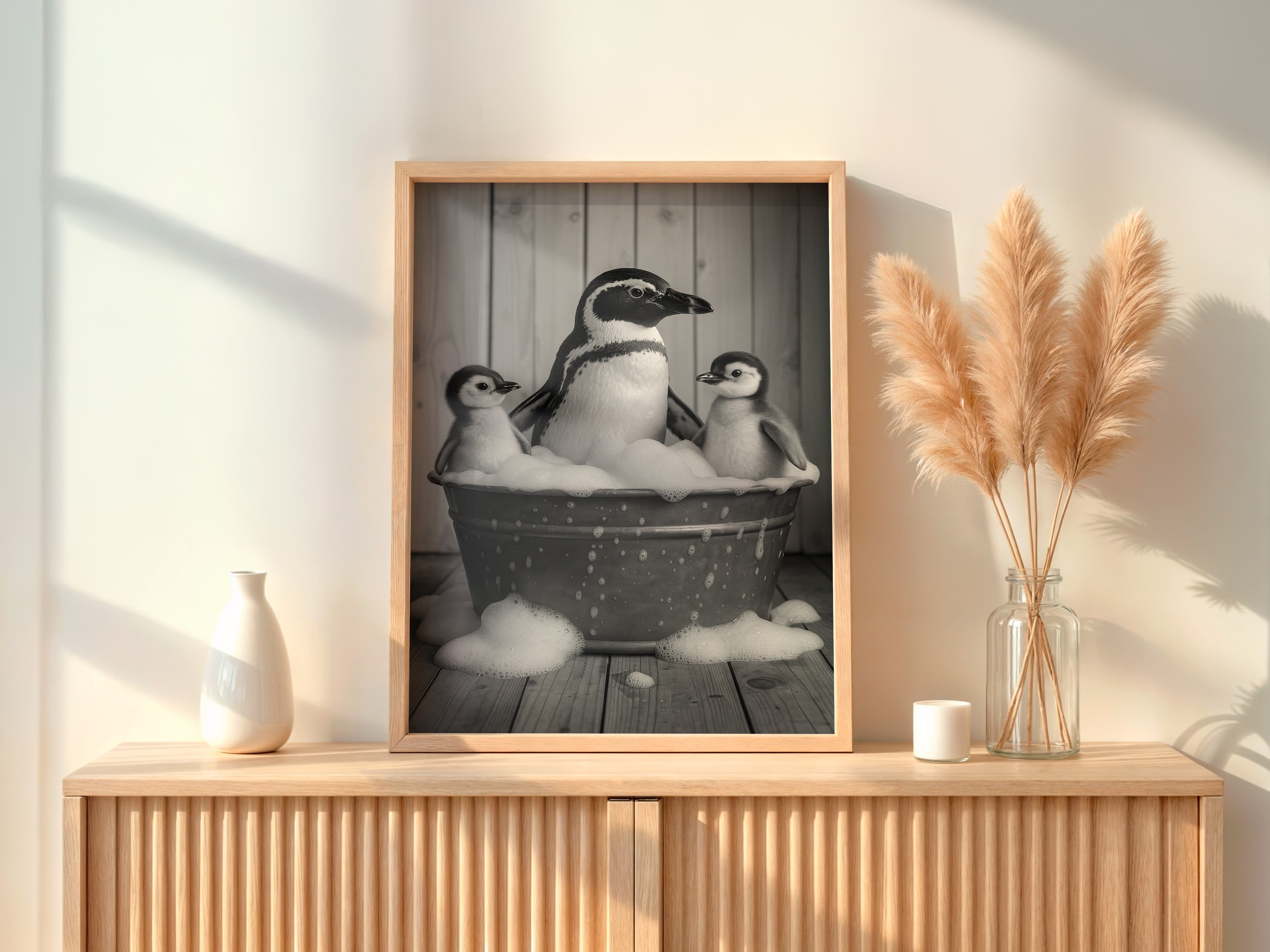 Penguin Family Bathtub Print, Funny Bathroom Wall Art, Quirky Nursery Decor