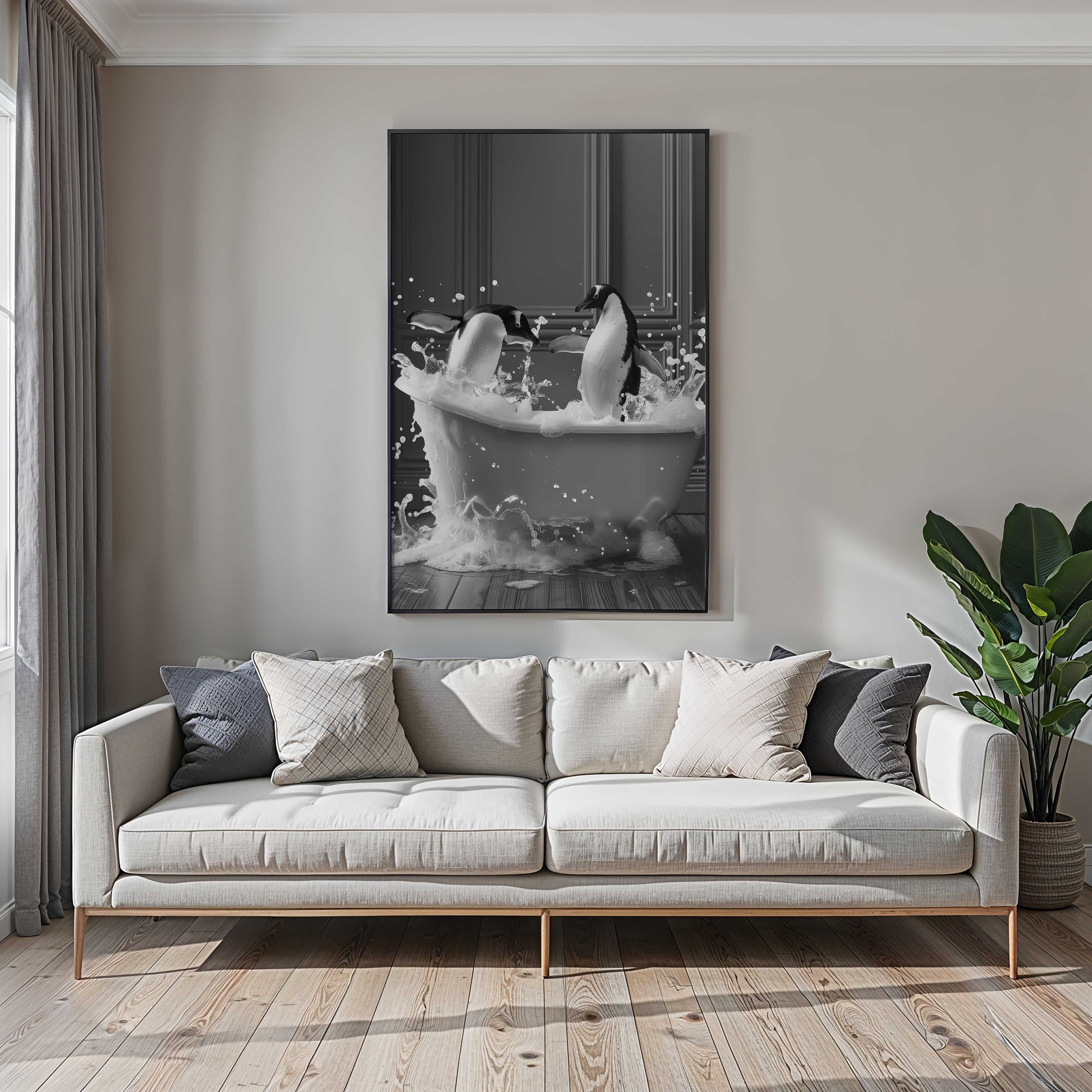 Penguin Bathtub Print – Funny Black and White Animal Art