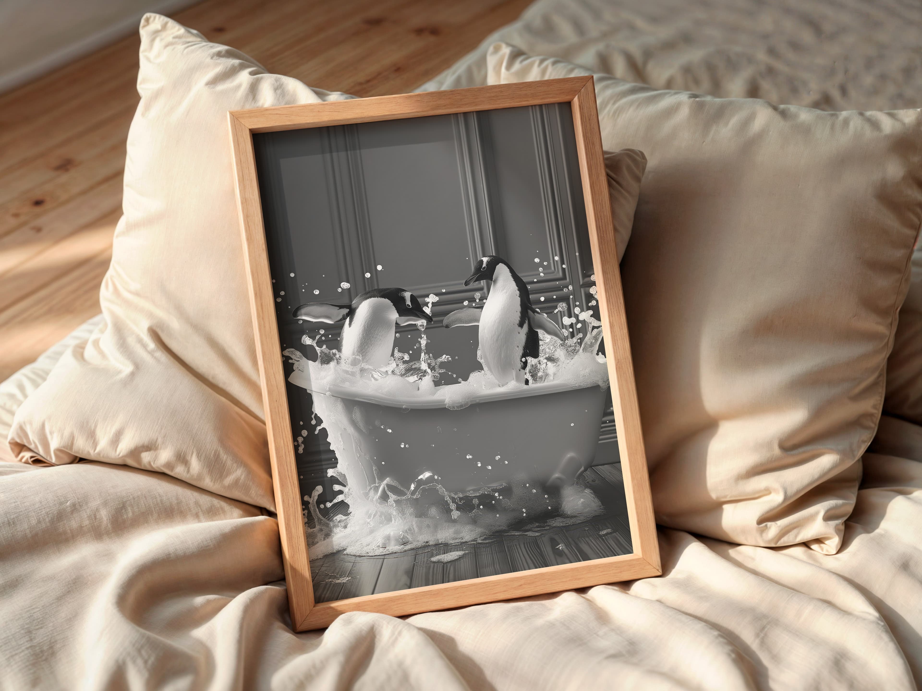 Penguin Bathtub Print – Funny Black and White Animal Art