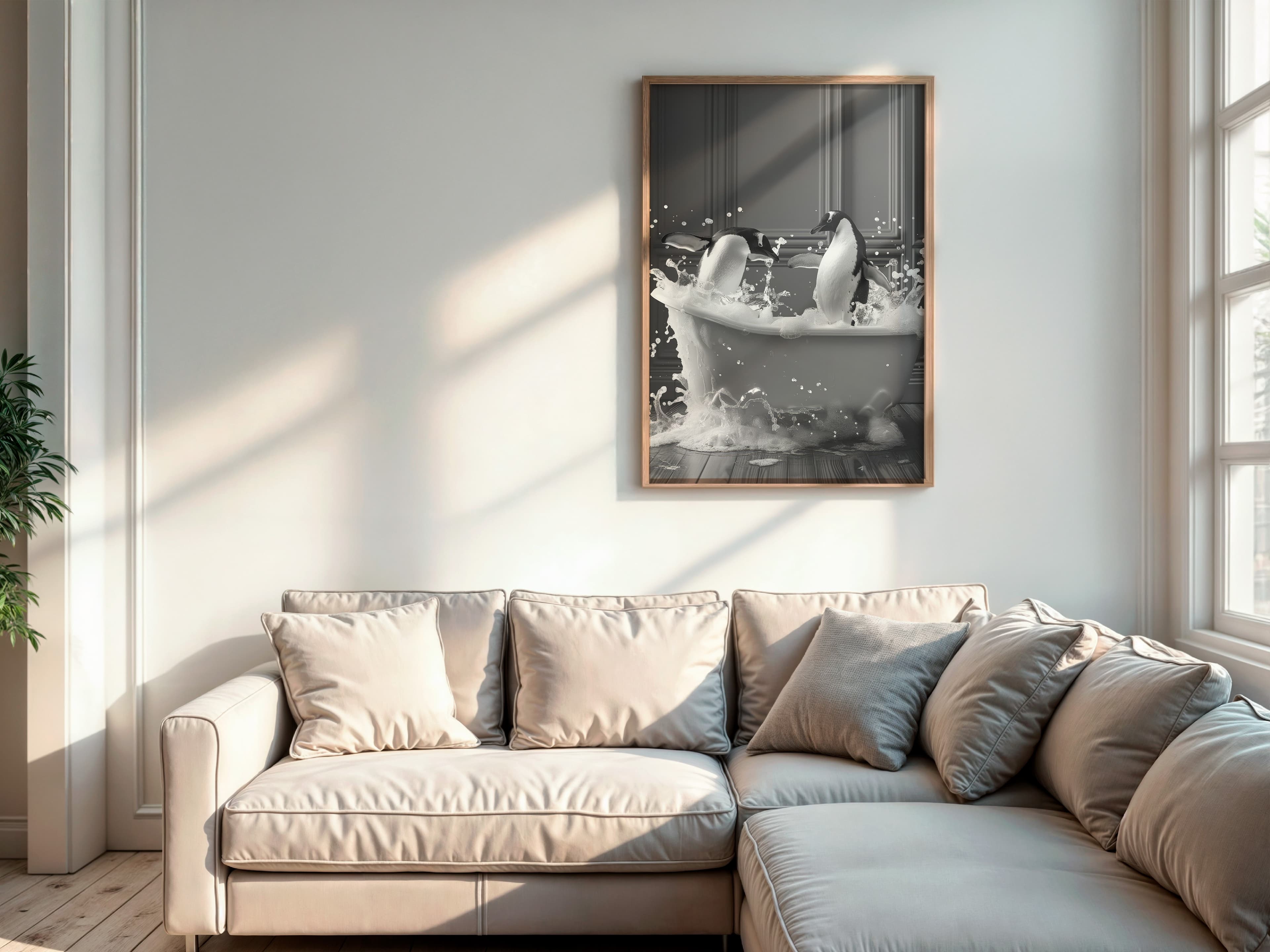 Penguin Bathtub Print – Funny Black and White Animal Art