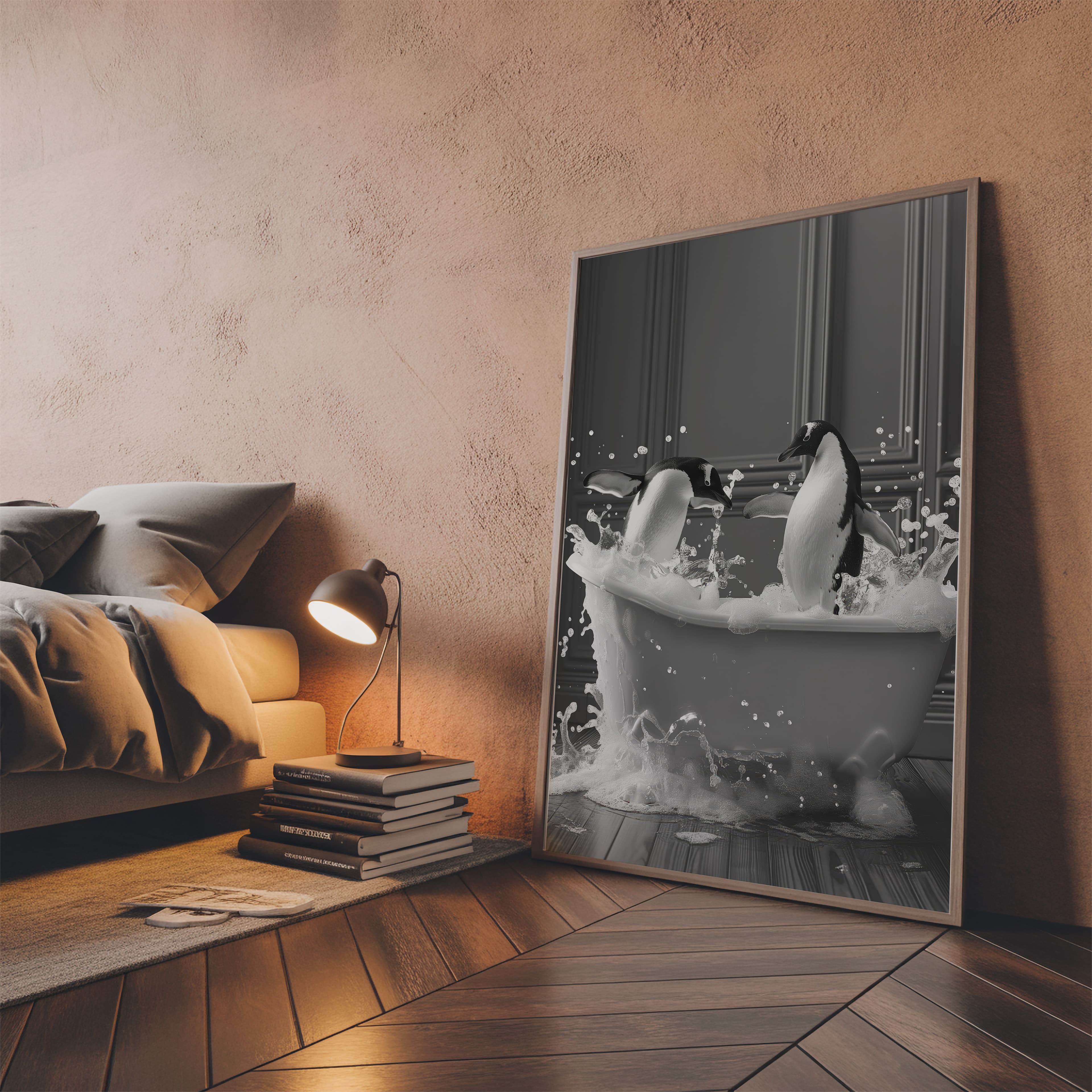 Penguin Bathtub Print – Funny Black and White Animal Art