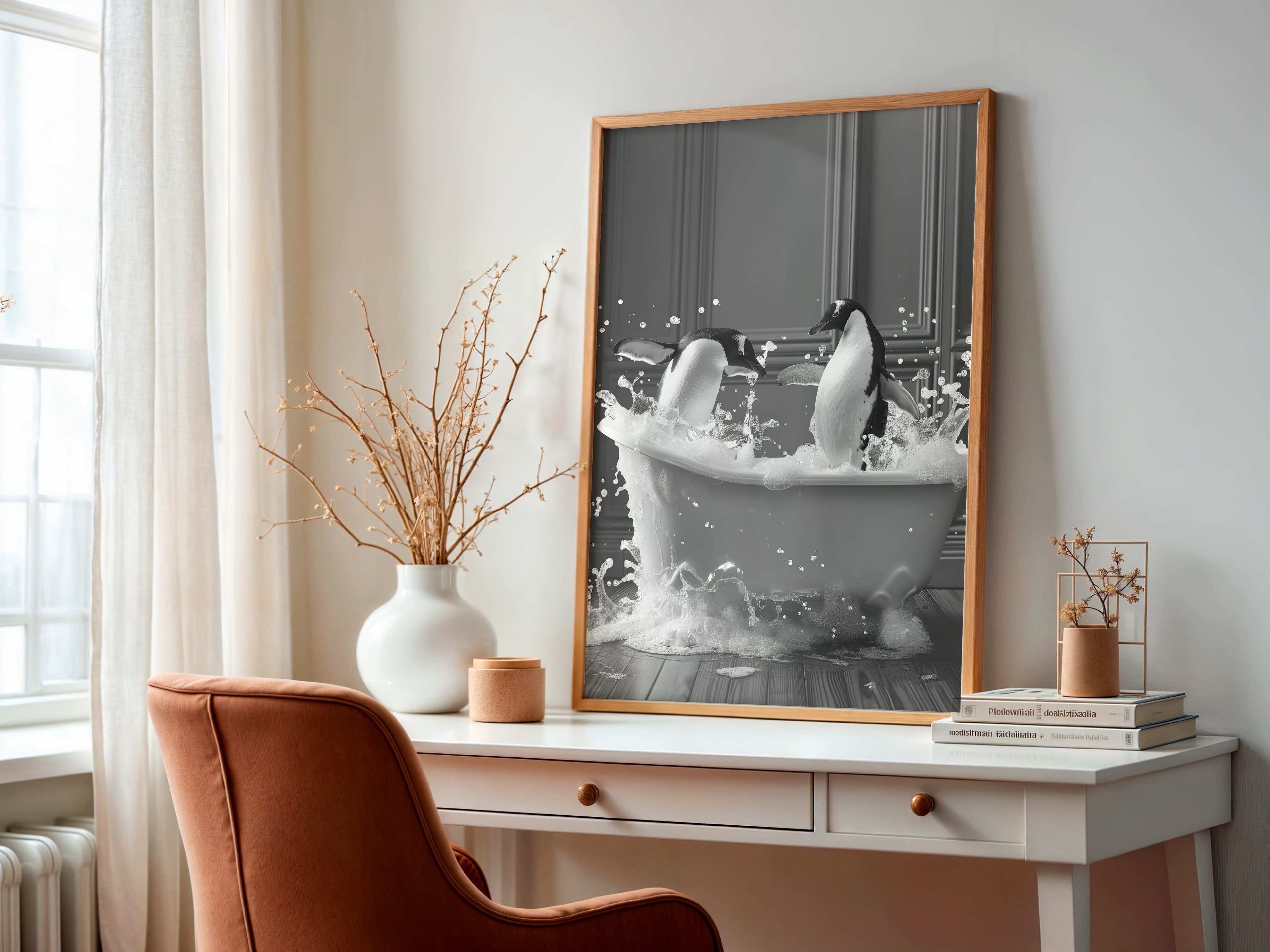 Penguin Bathtub Print – Funny Black and White Animal Art