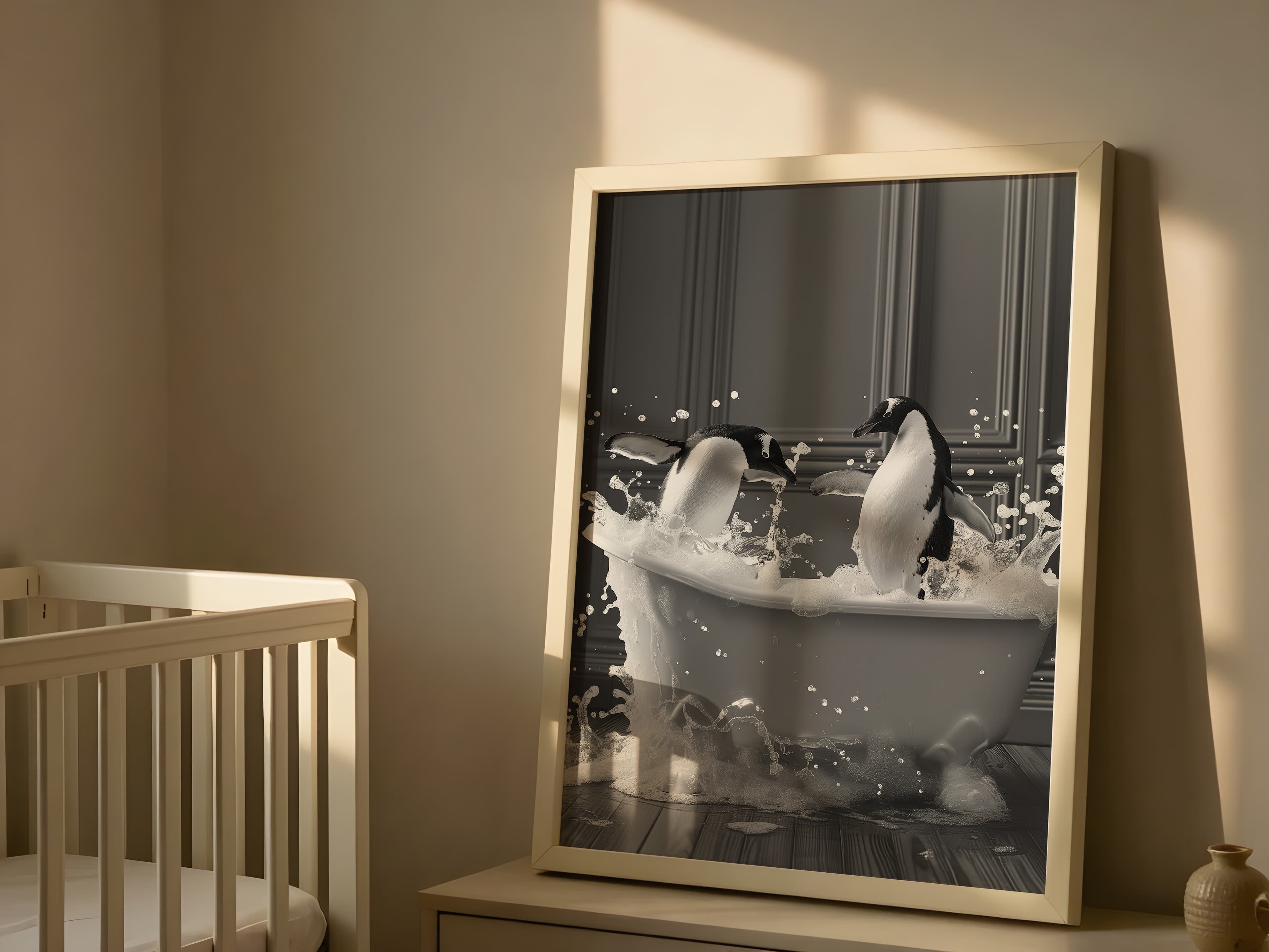Penguin Bathtub Print – Funny Black and White Animal Art