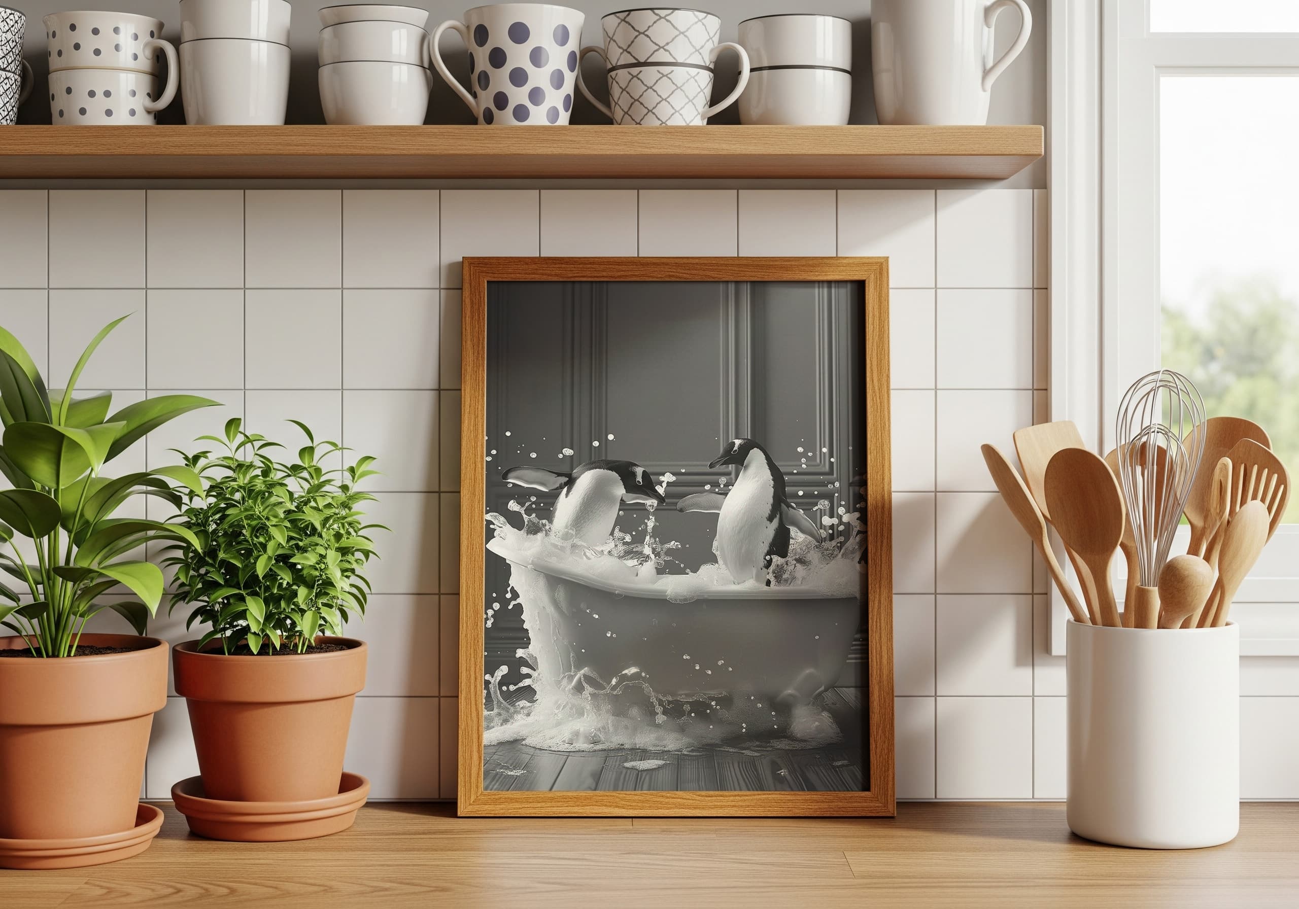 Penguin Bathtub Print – Funny Black and White Animal Art