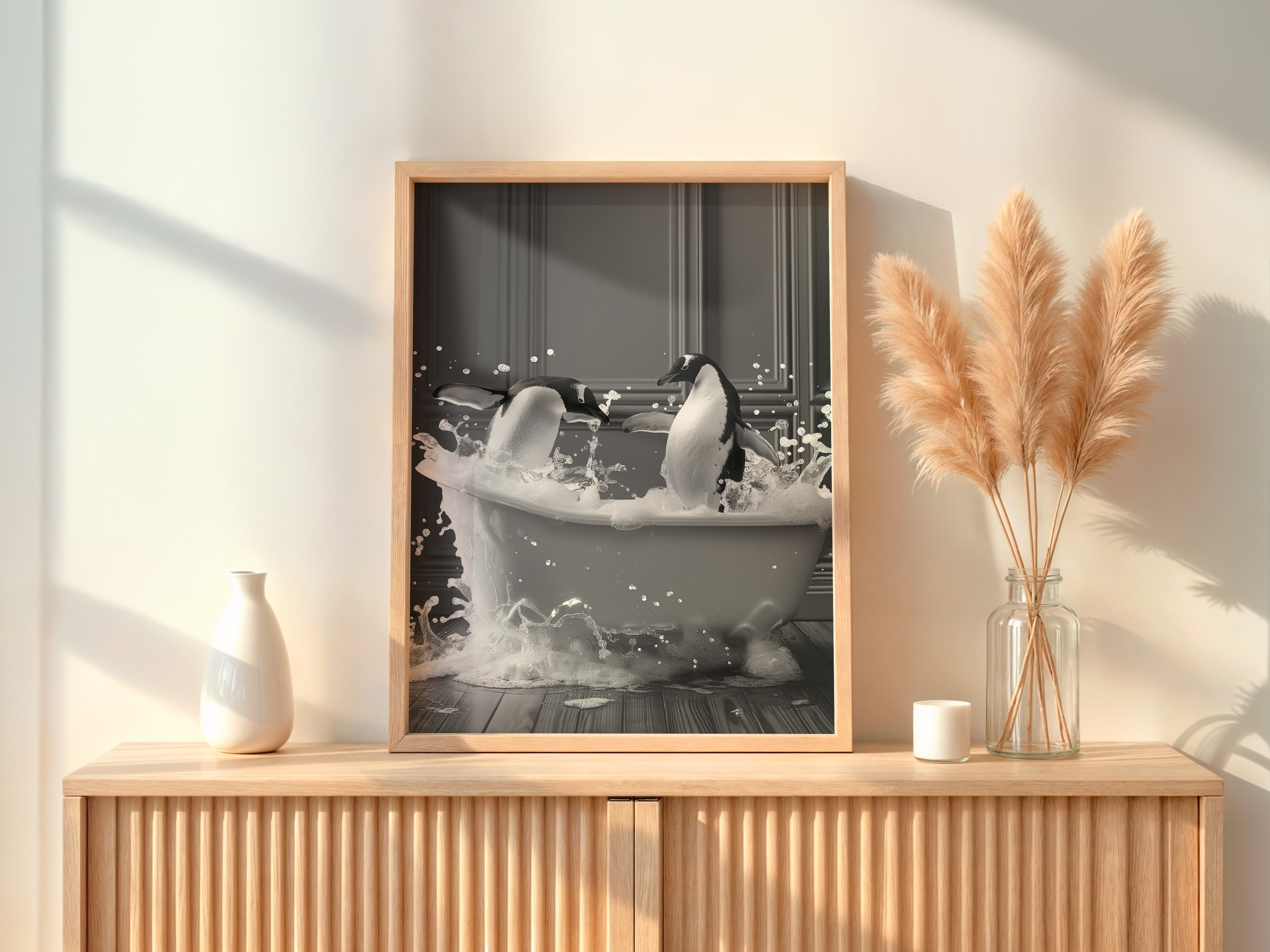 Penguin Bathtub Print – Funny Black and White Animal Art