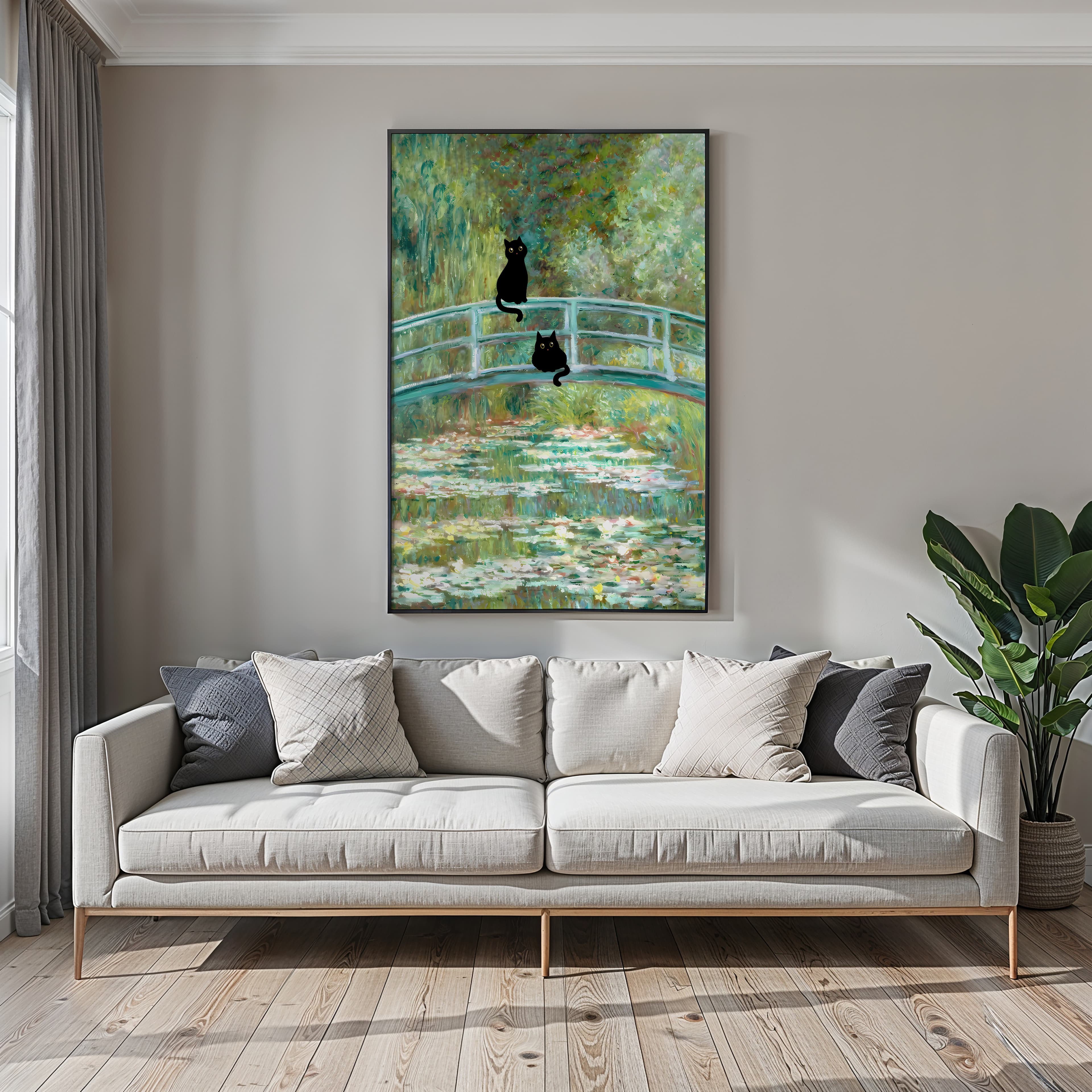 Black Cat Lily Pond Print, Monet Parody Wall Art, Humorous Bathroom Decor
