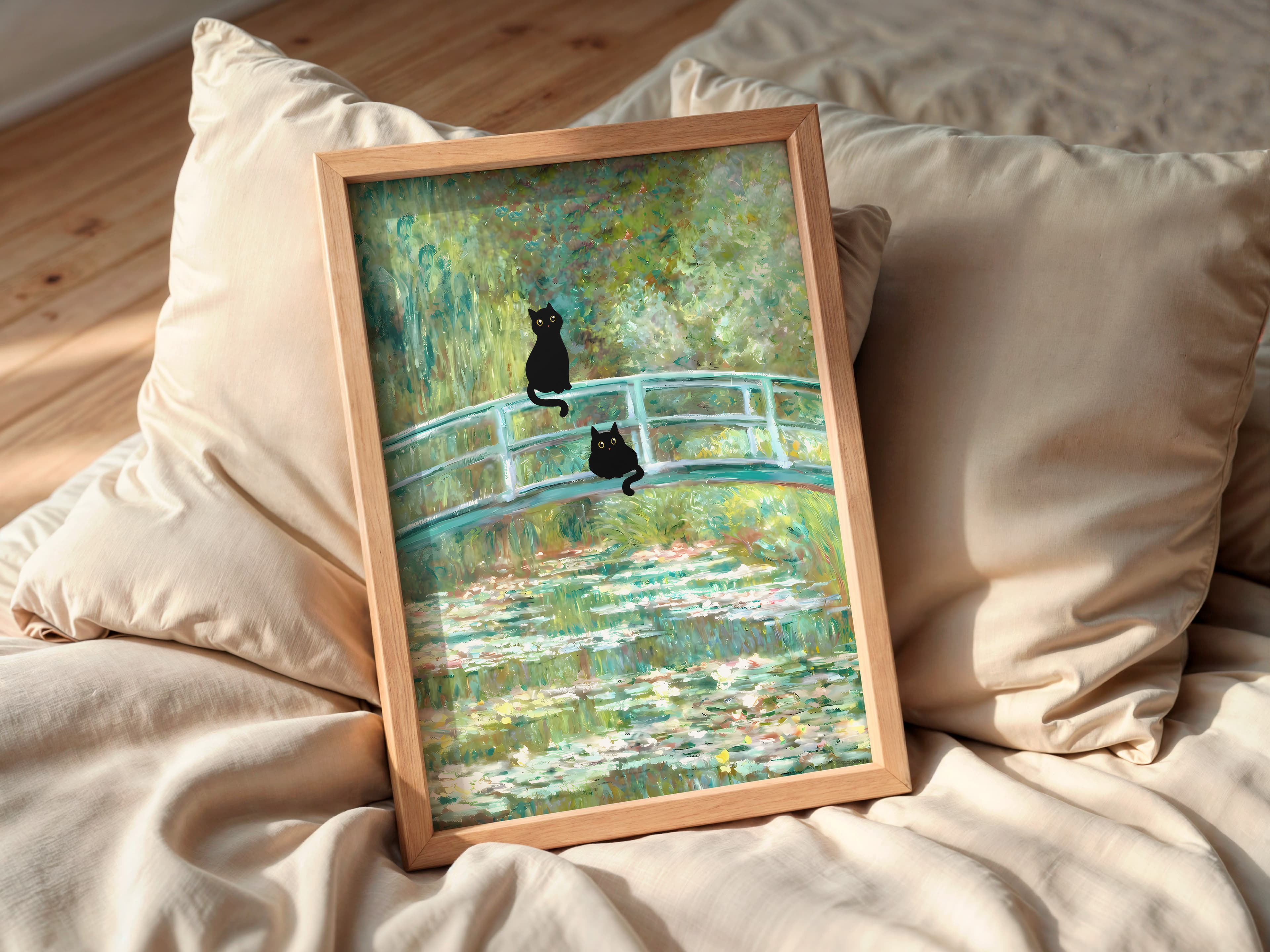 Black Cat Lily Pond Print, Monet Parody Wall Art, Humorous Bathroom Decor