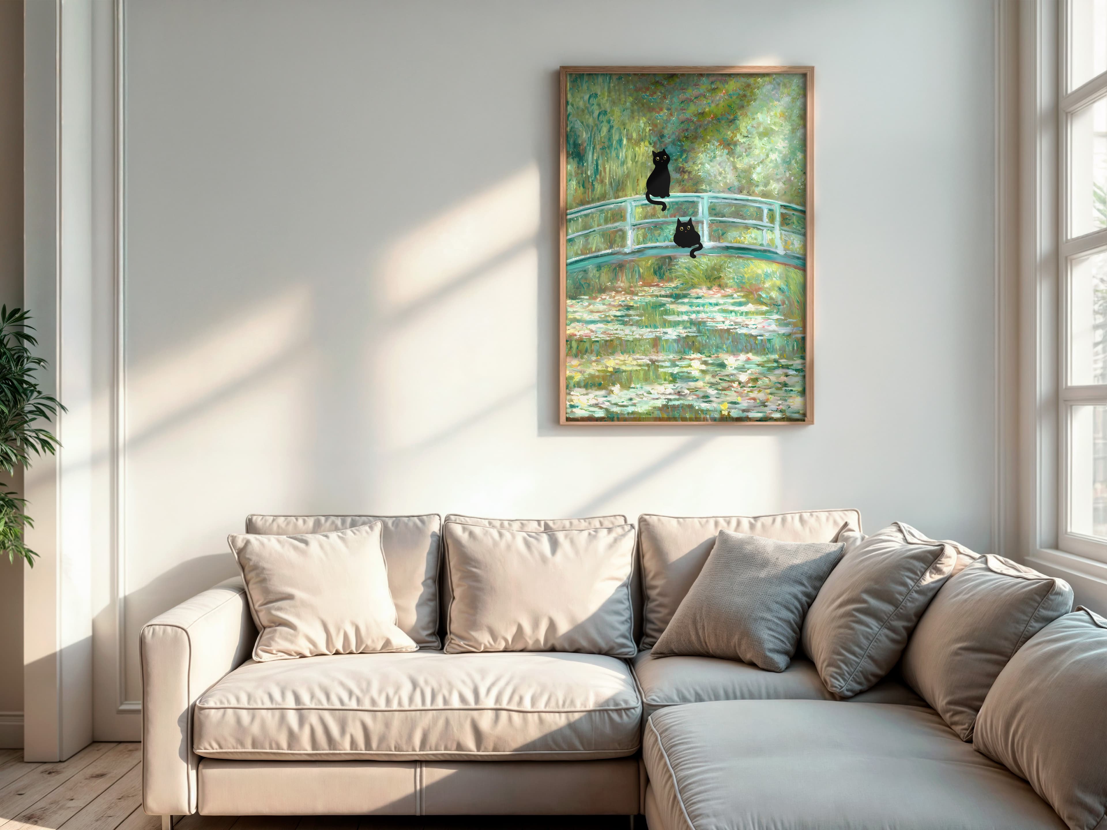 Black Cat Lily Pond Print, Monet Parody Wall Art, Humorous Bathroom Decor