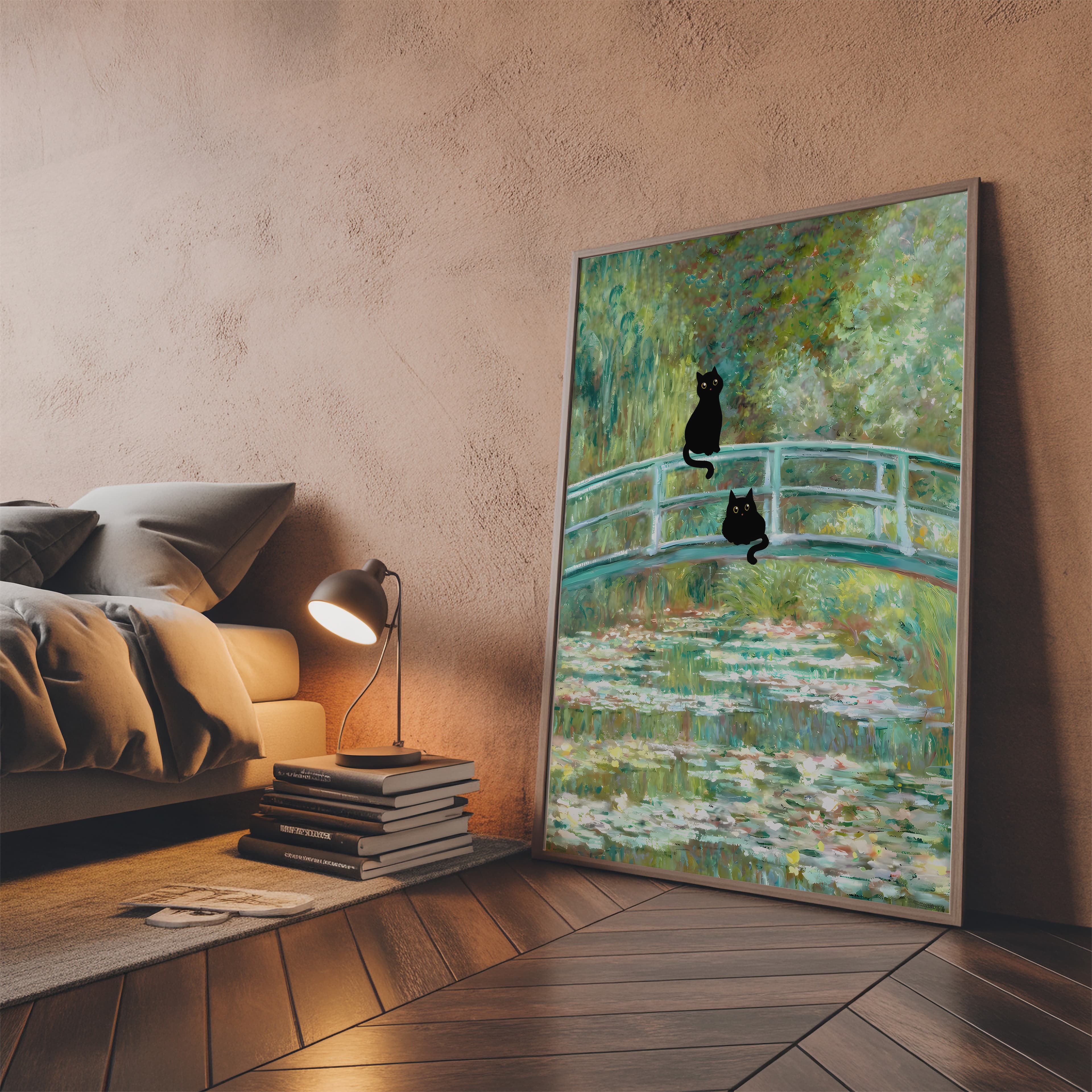 Black Cat Lily Pond Print, Monet Parody Wall Art, Humorous Bathroom Decor
