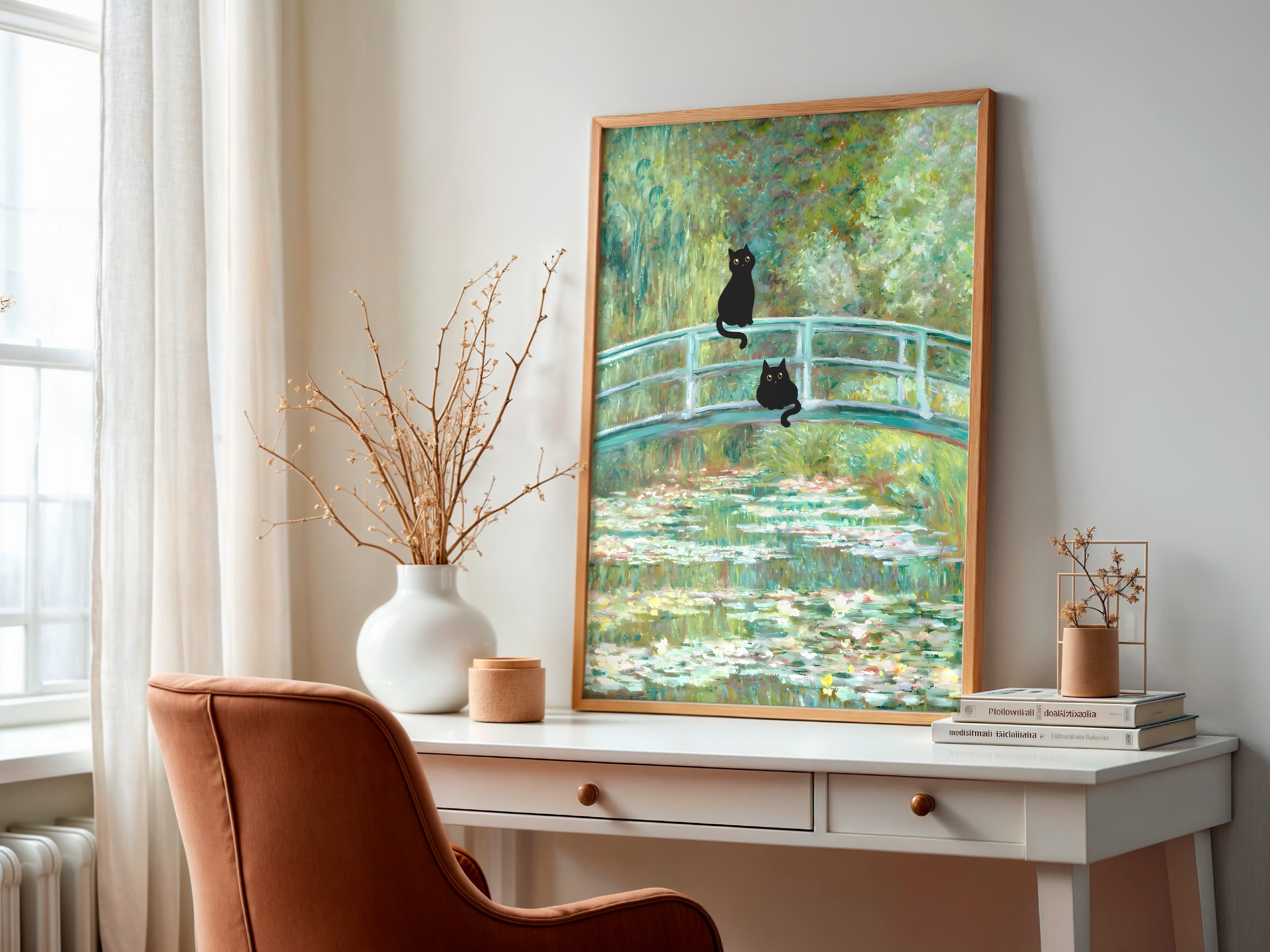 Black Cat Lily Pond Print, Monet Parody Wall Art, Humorous Bathroom Decor