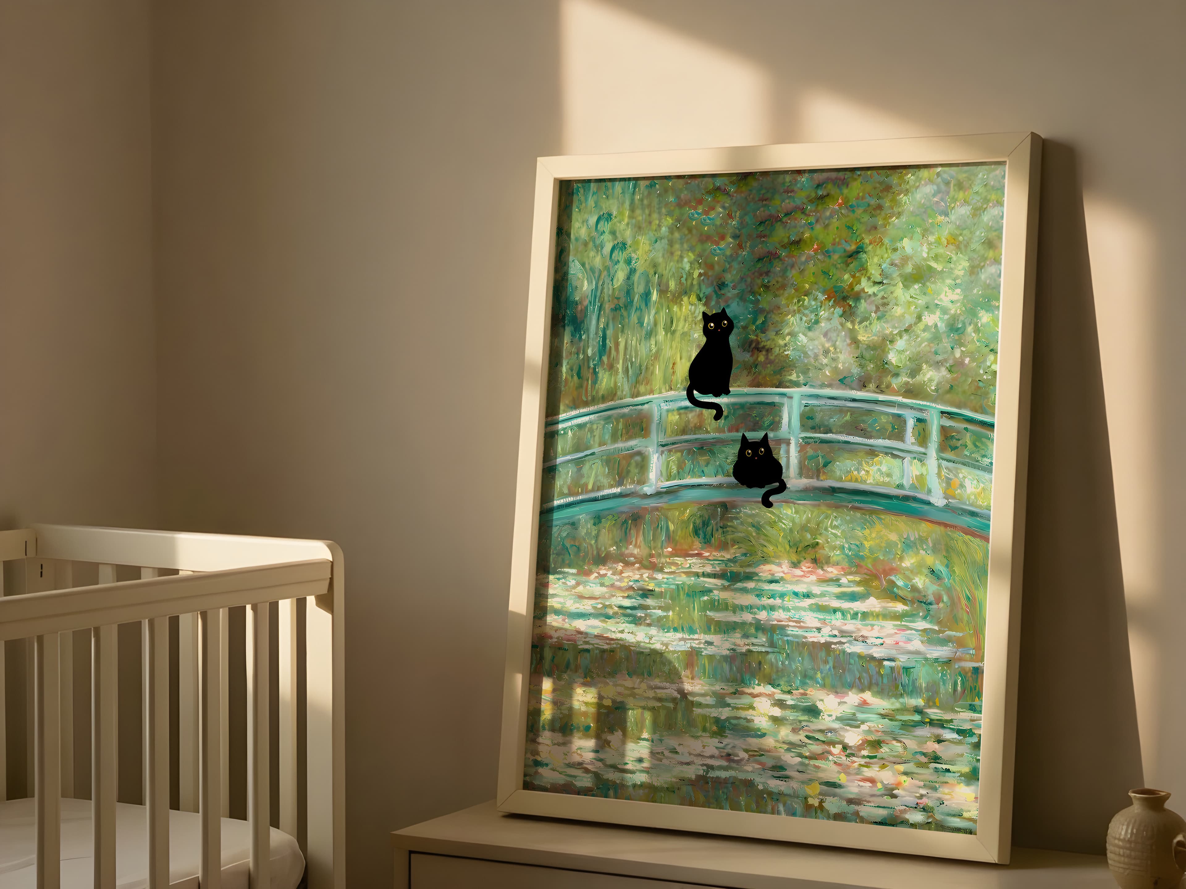 Black Cat Lily Pond Print, Monet Parody Wall Art, Humorous Bathroom Decor
