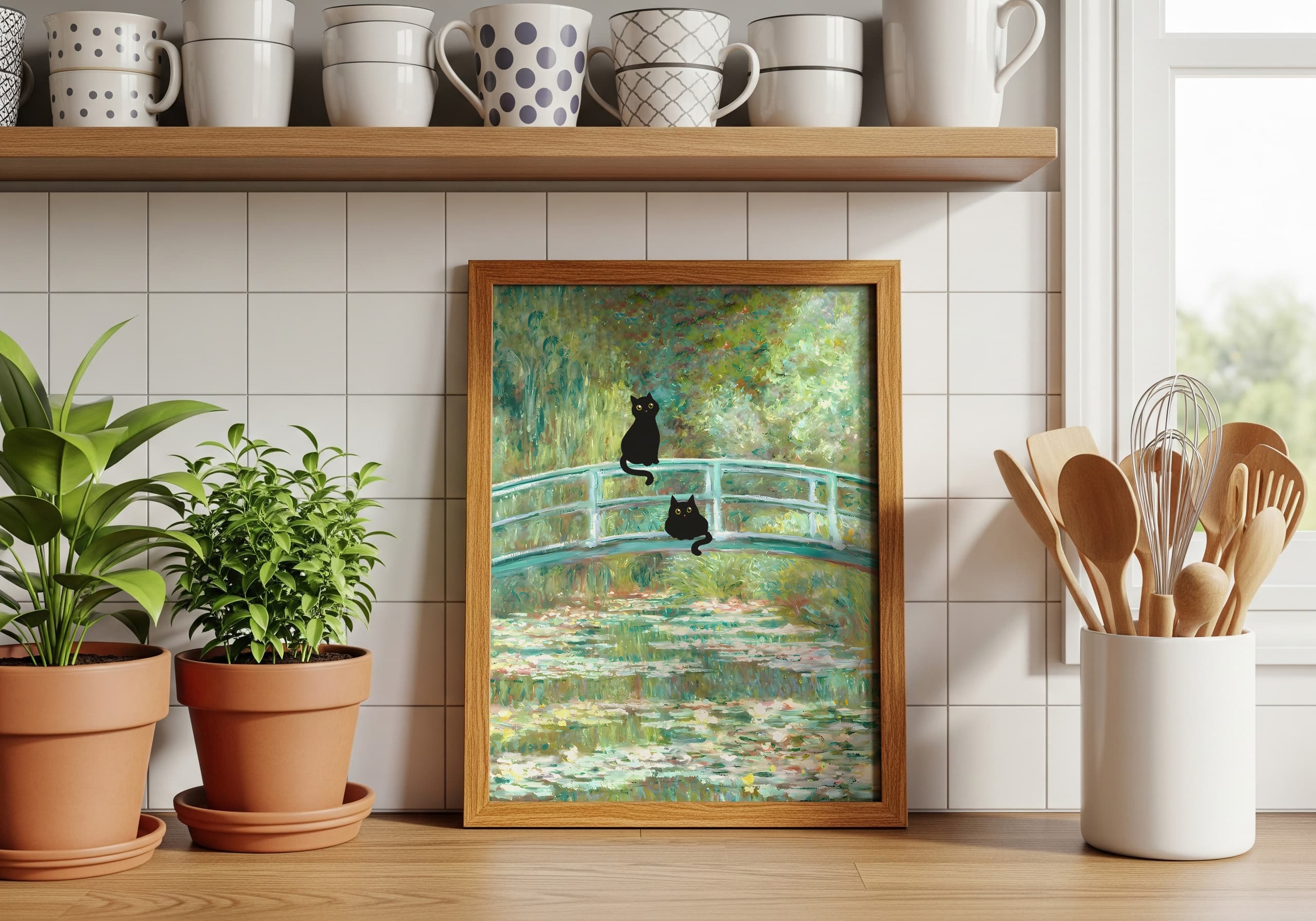 Black Cat Lily Pond Print, Monet Parody Wall Art, Humorous Bathroom Decor