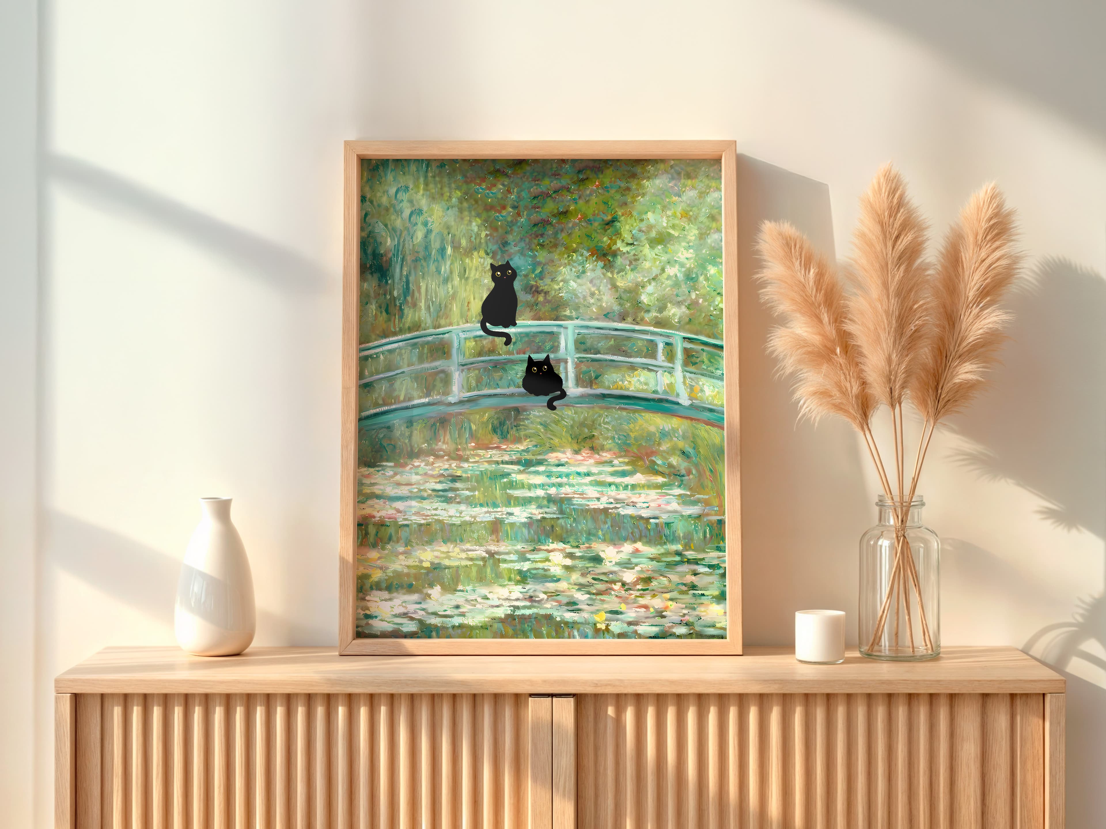 Black Cat Lily Pond Print, Monet Parody Wall Art, Humorous Bathroom Decor
