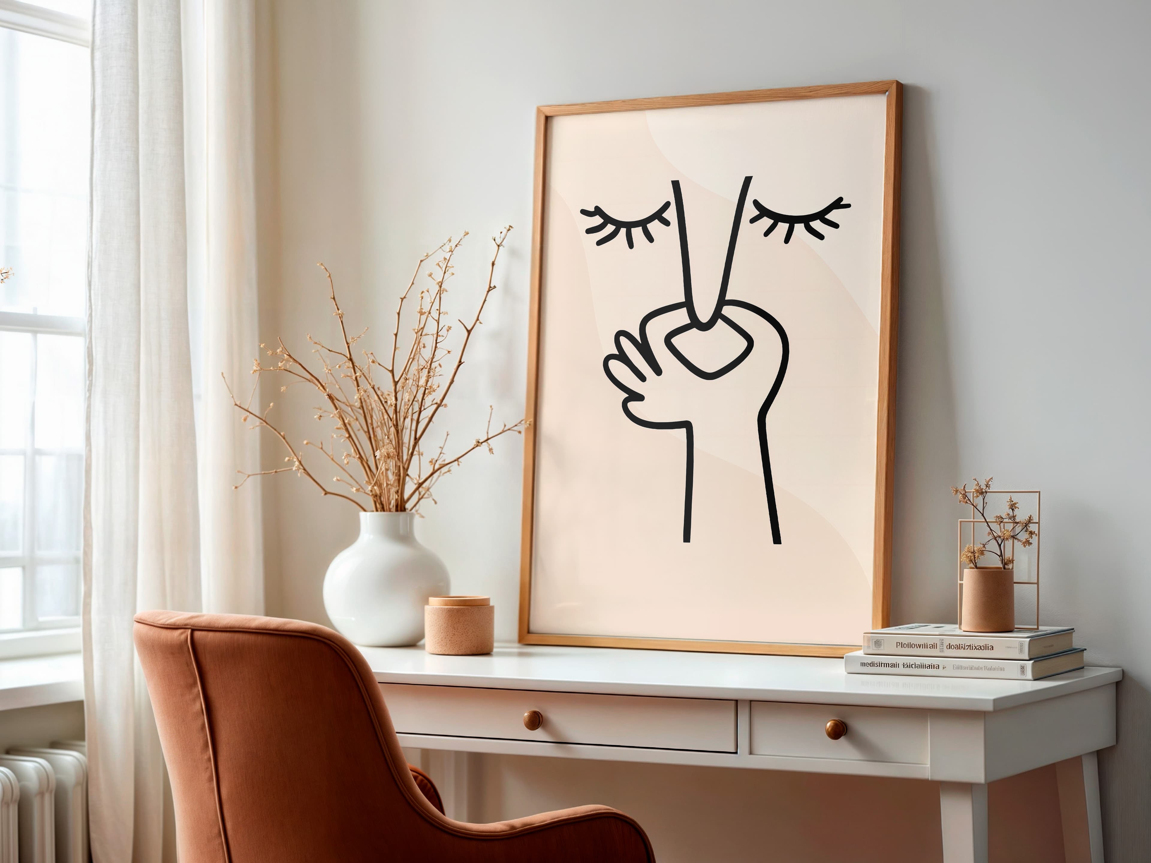 Face Line Drawing Print, Zen Minimalist Wall Art, Neutral Beige Bedroom Decor