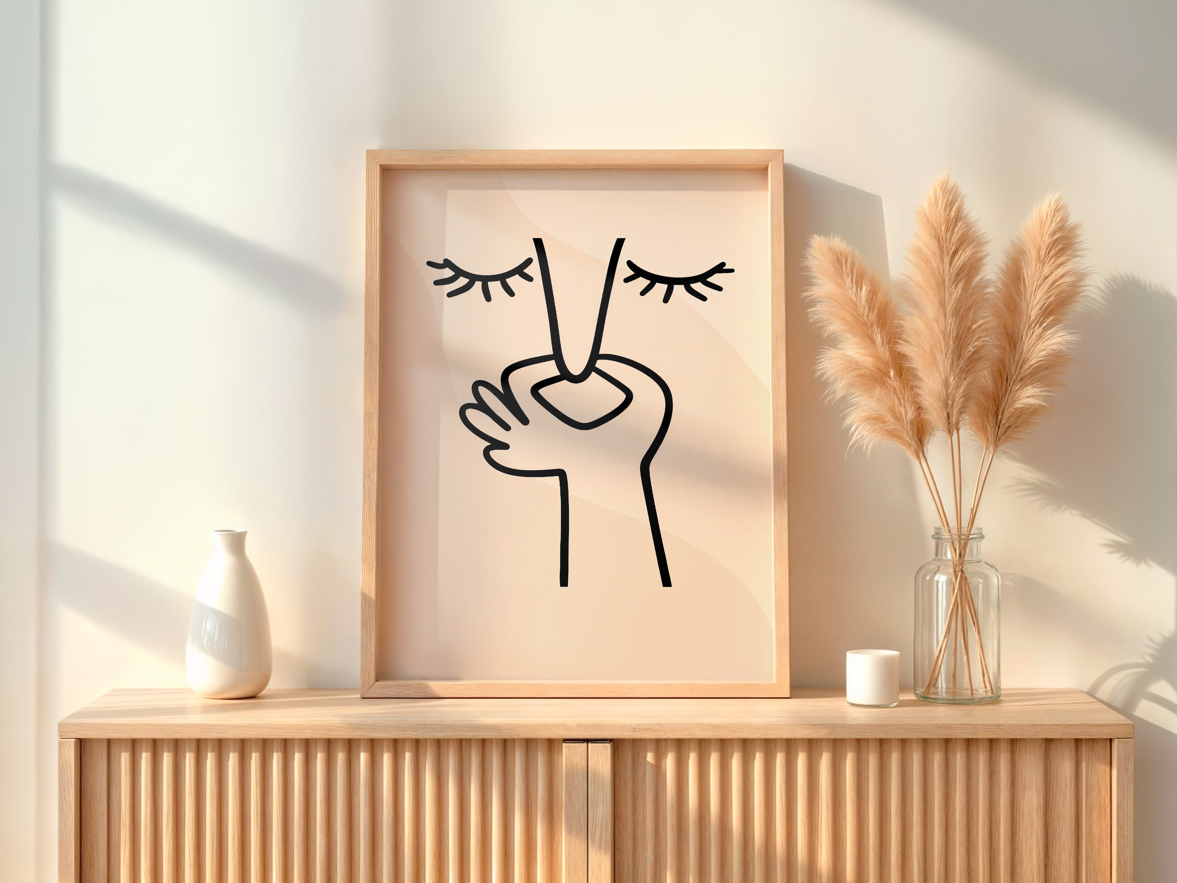 Face Line Drawing Print, Zen Minimalist Wall Art, Neutral Beige Bedroom Decor