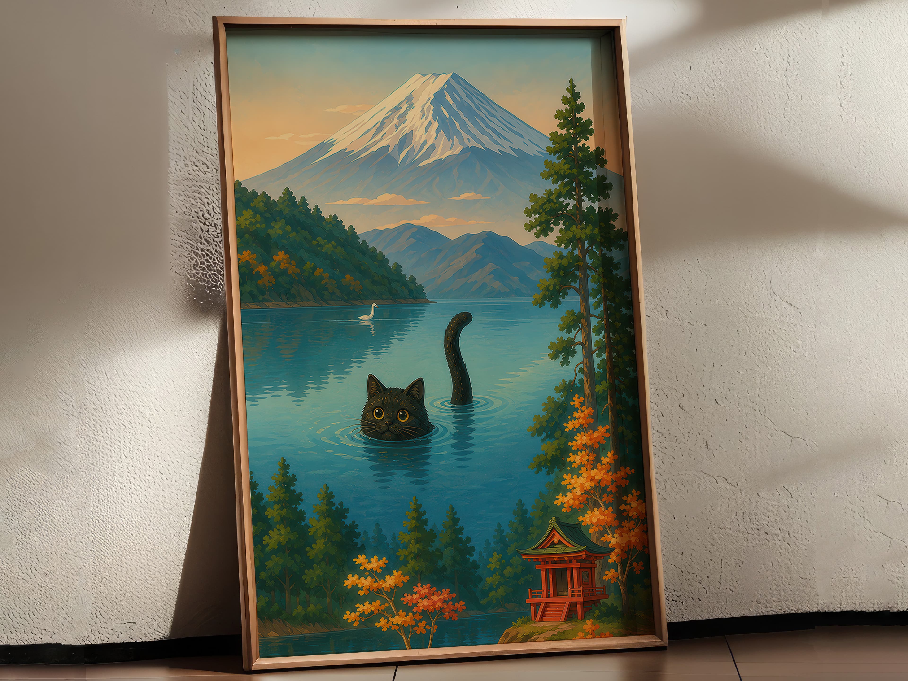 Cat Swimming Mount Fuji Print
