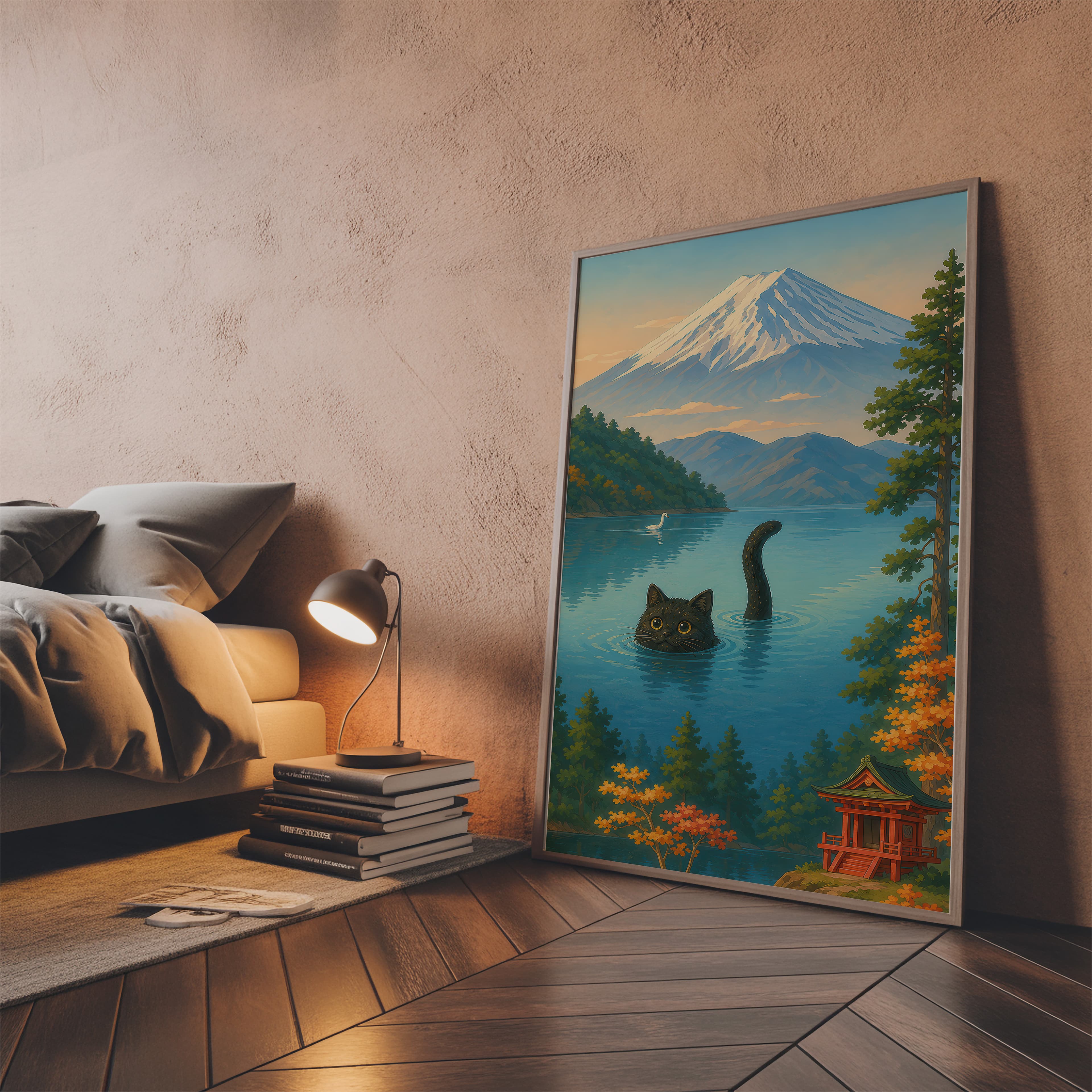 Cat Swimming Mount Fuji Print
