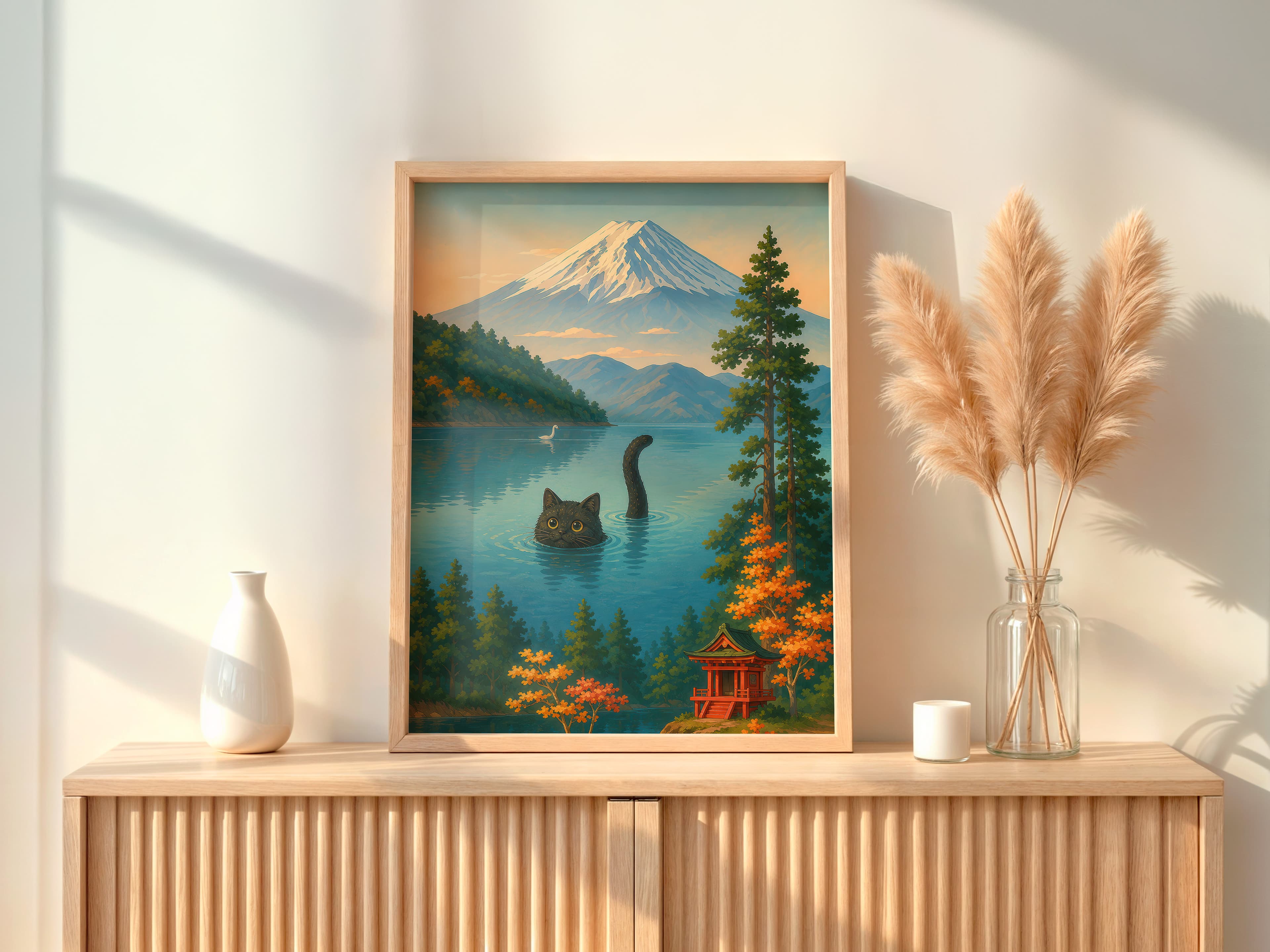 Cat Swimming Mount Fuji Print