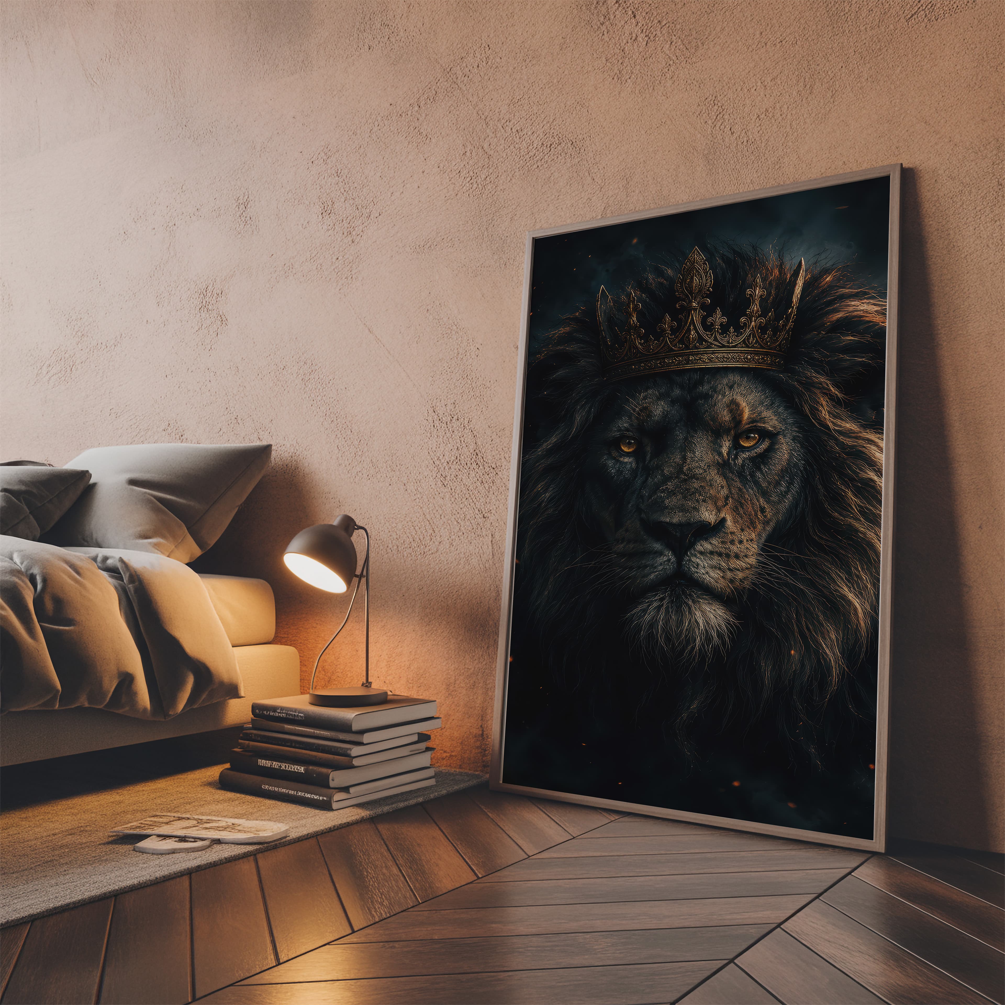 Regal Black Lion Golden Crown Print