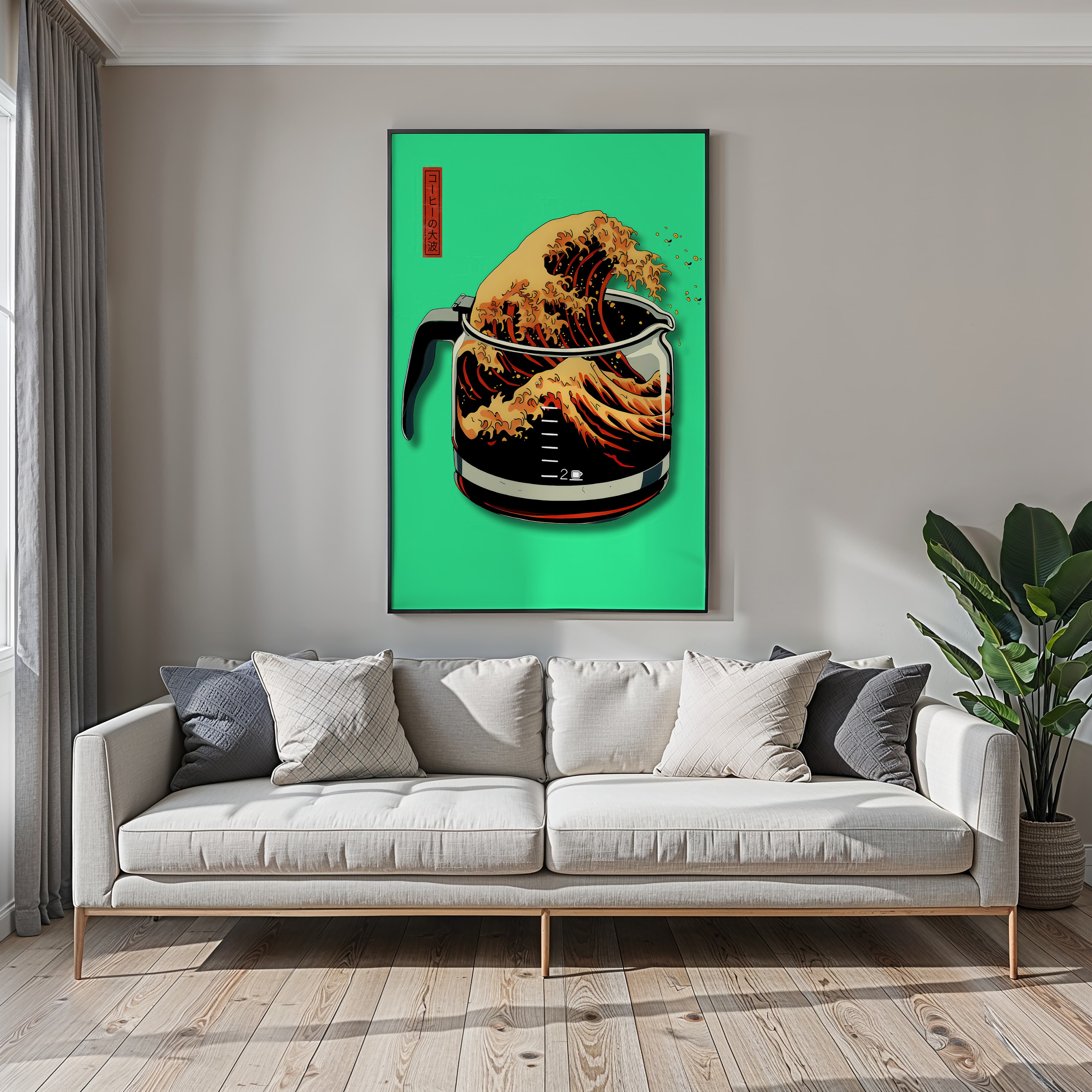 Neon Green Coffee Wave Print, Hokusai Inspired Kitchen Poster, Cafe Wall Art