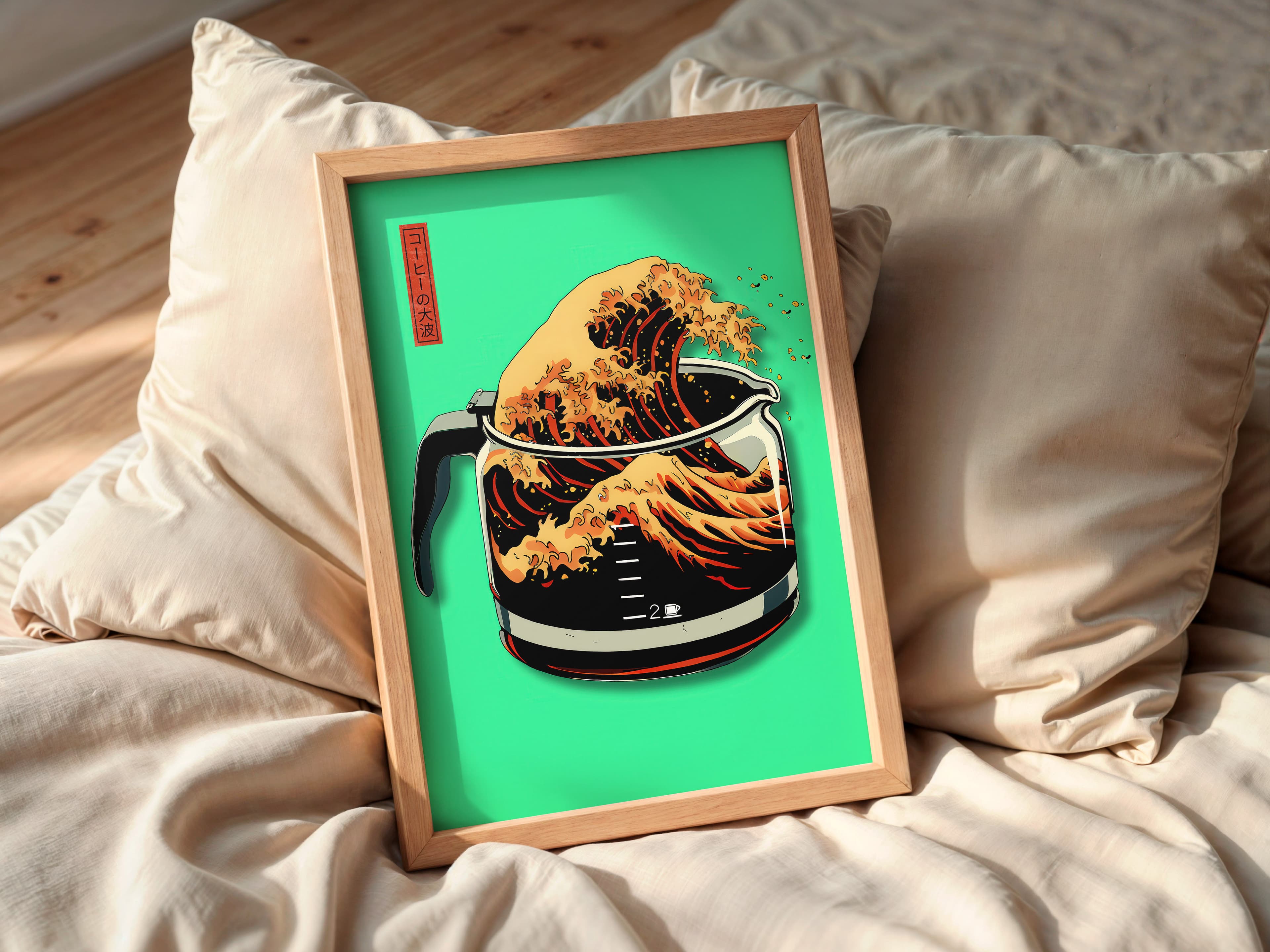 Neon Green Coffee Wave Print, Hokusai Inspired Kitchen Poster, Cafe Wall Art