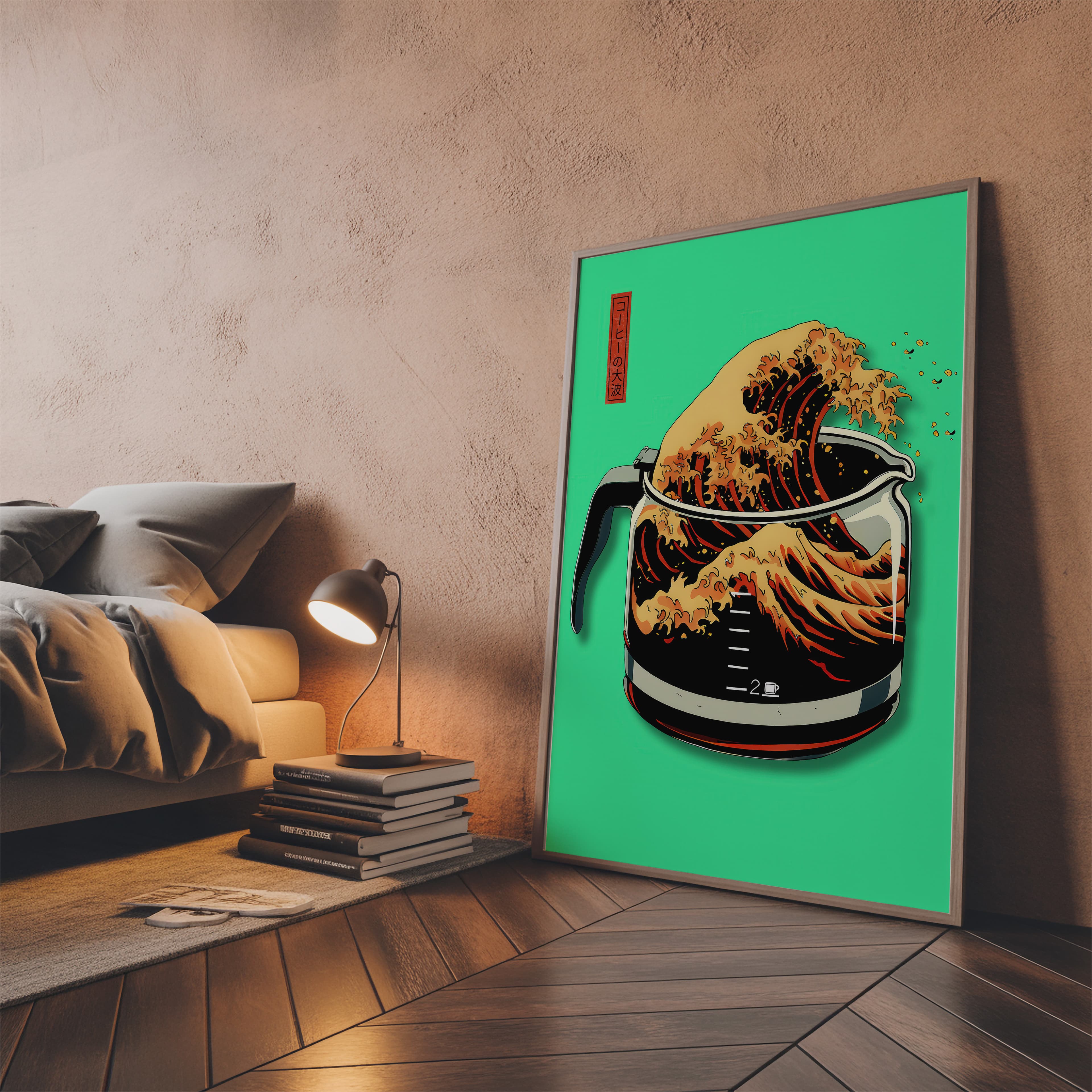 Neon Green Coffee Wave Print, Hokusai Inspired Kitchen Poster, Cafe Wall Art