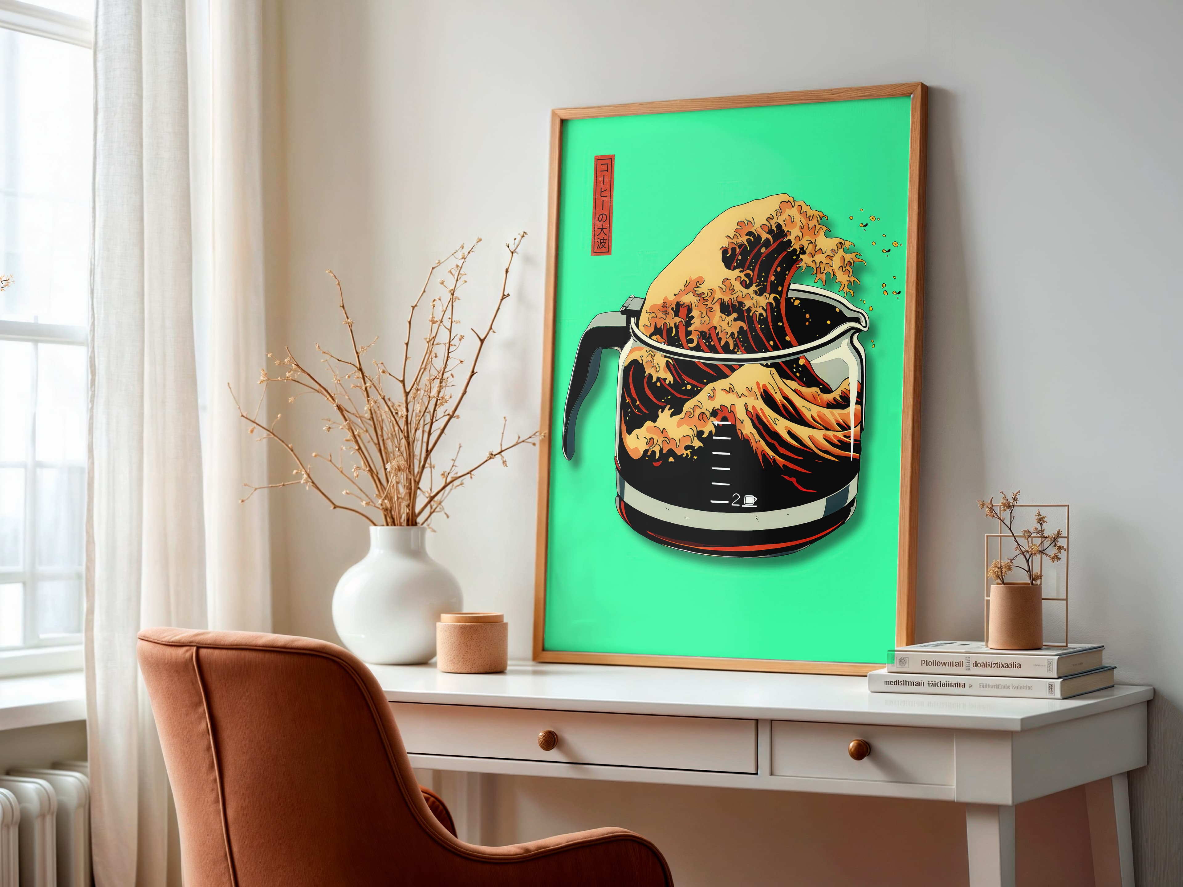 Neon Green Coffee Wave Print, Hokusai Inspired Kitchen Poster, Cafe Wall Art