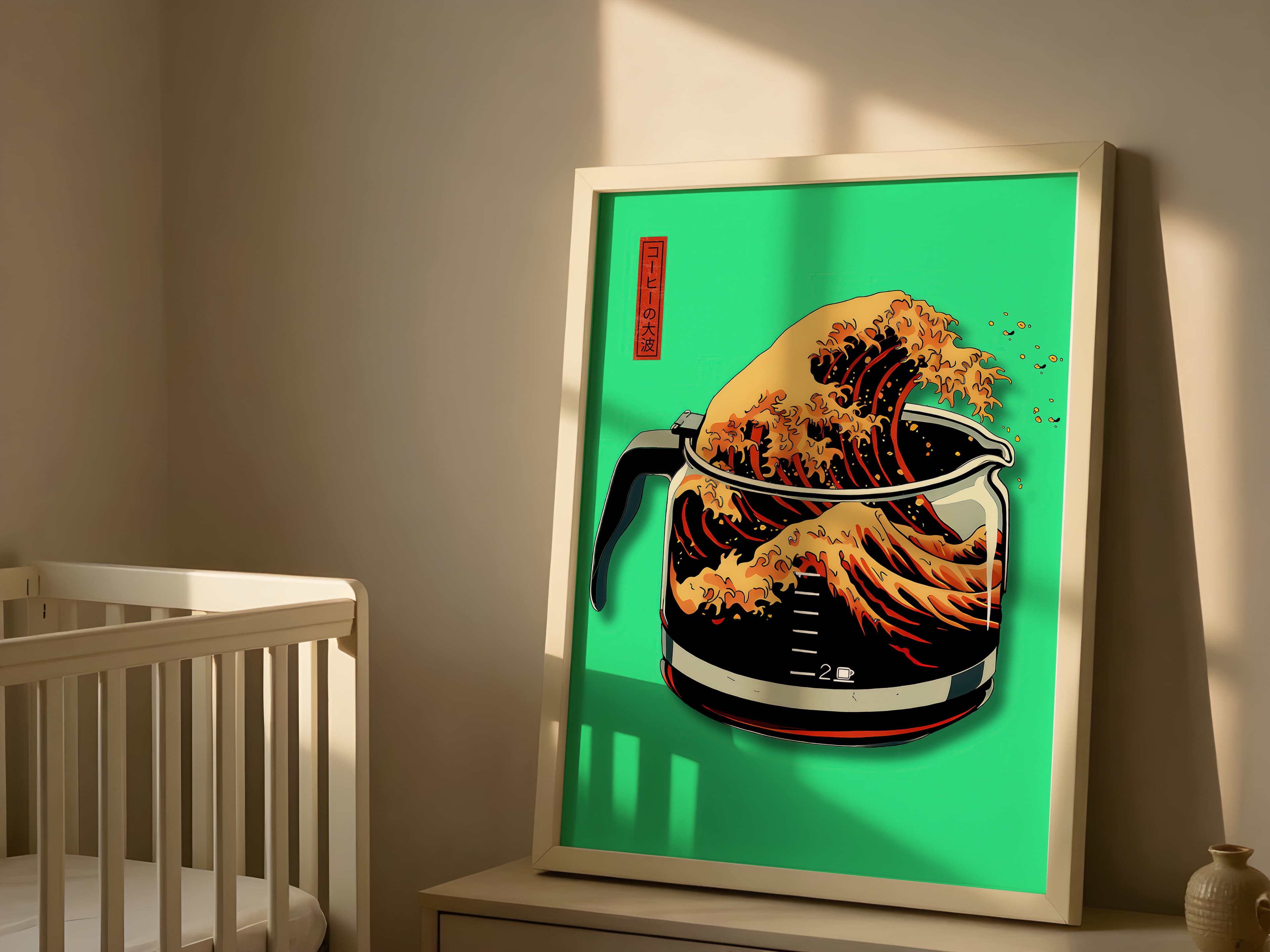 Neon Green Coffee Wave Print, Hokusai Inspired Kitchen Poster, Cafe Wall Art