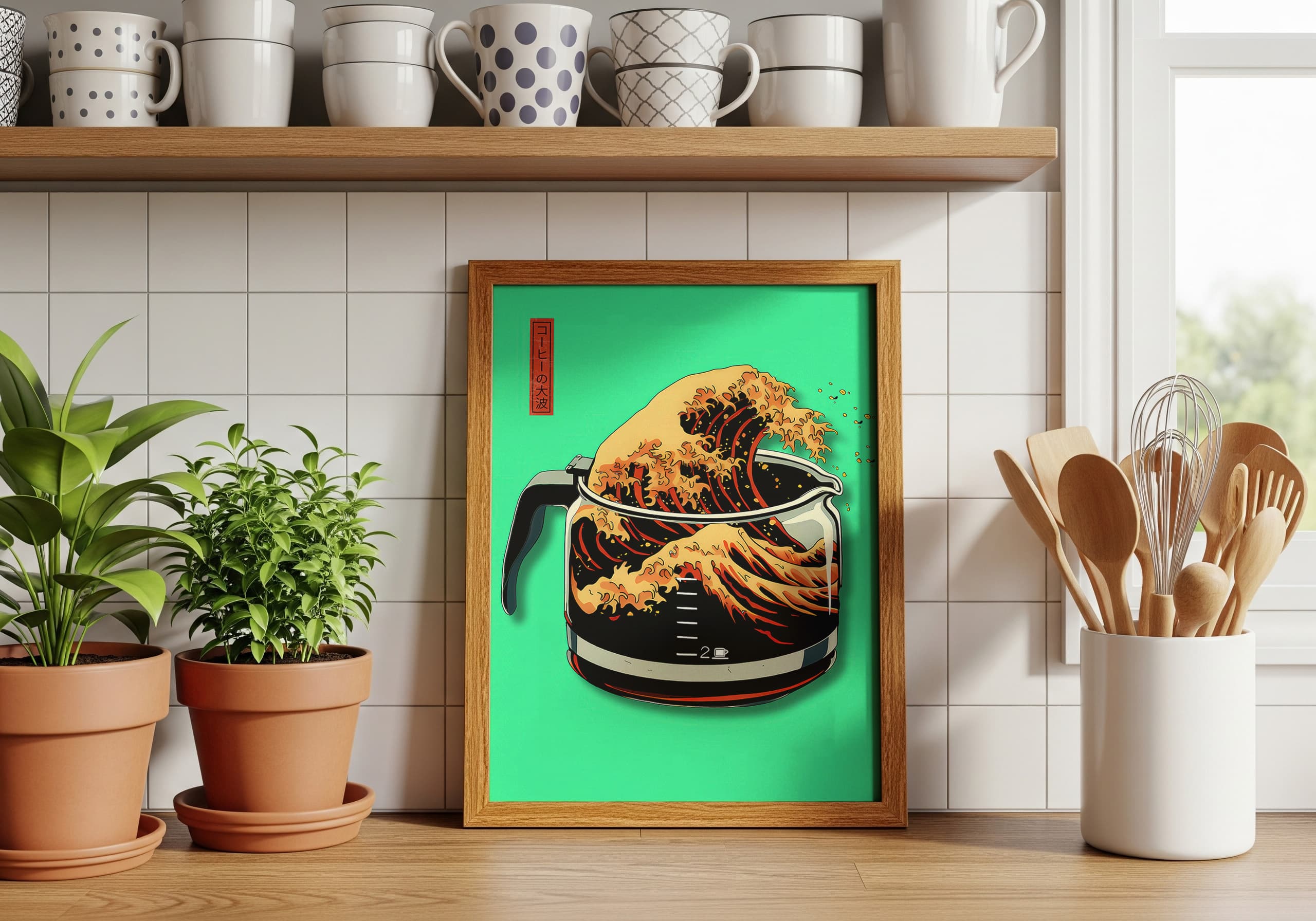 Neon Green Coffee Wave Print, Hokusai Inspired Kitchen Poster, Cafe Wall Art
