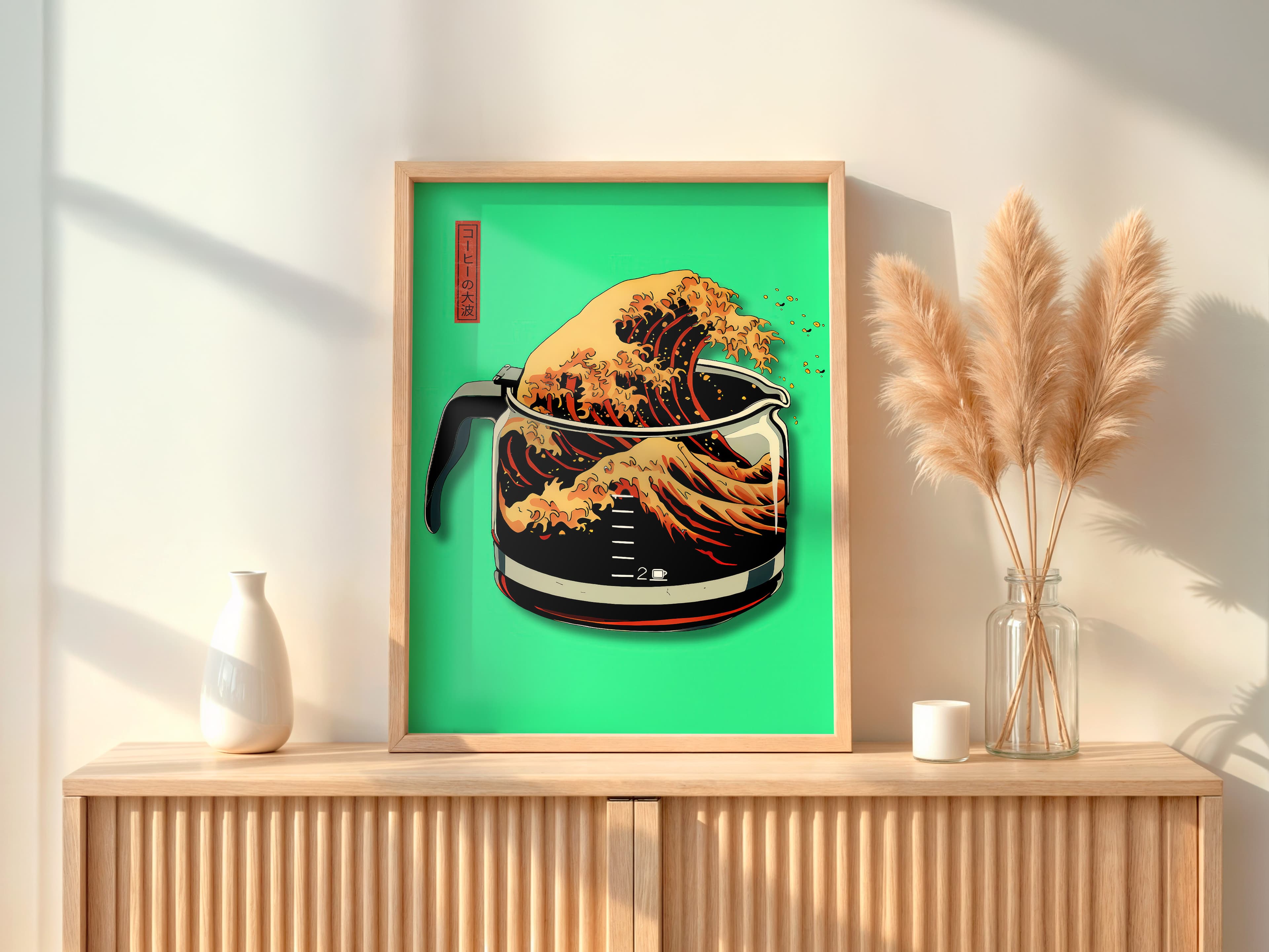 Neon Green Coffee Wave Print, Hokusai Inspired Kitchen Poster, Cafe Wall Art