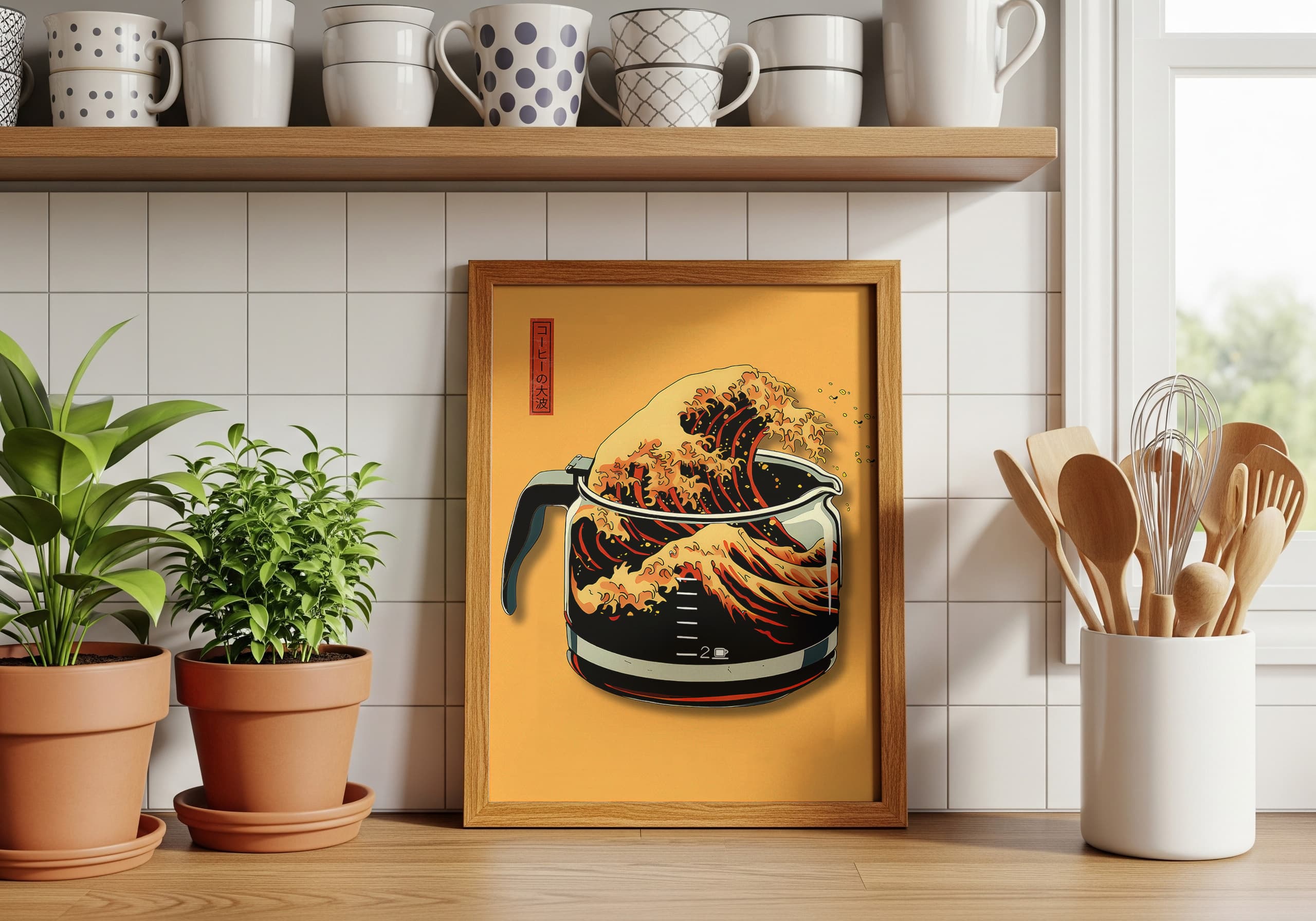 Hokusai Coffee Pot Print, Wave Pop Art Kitchen Poster