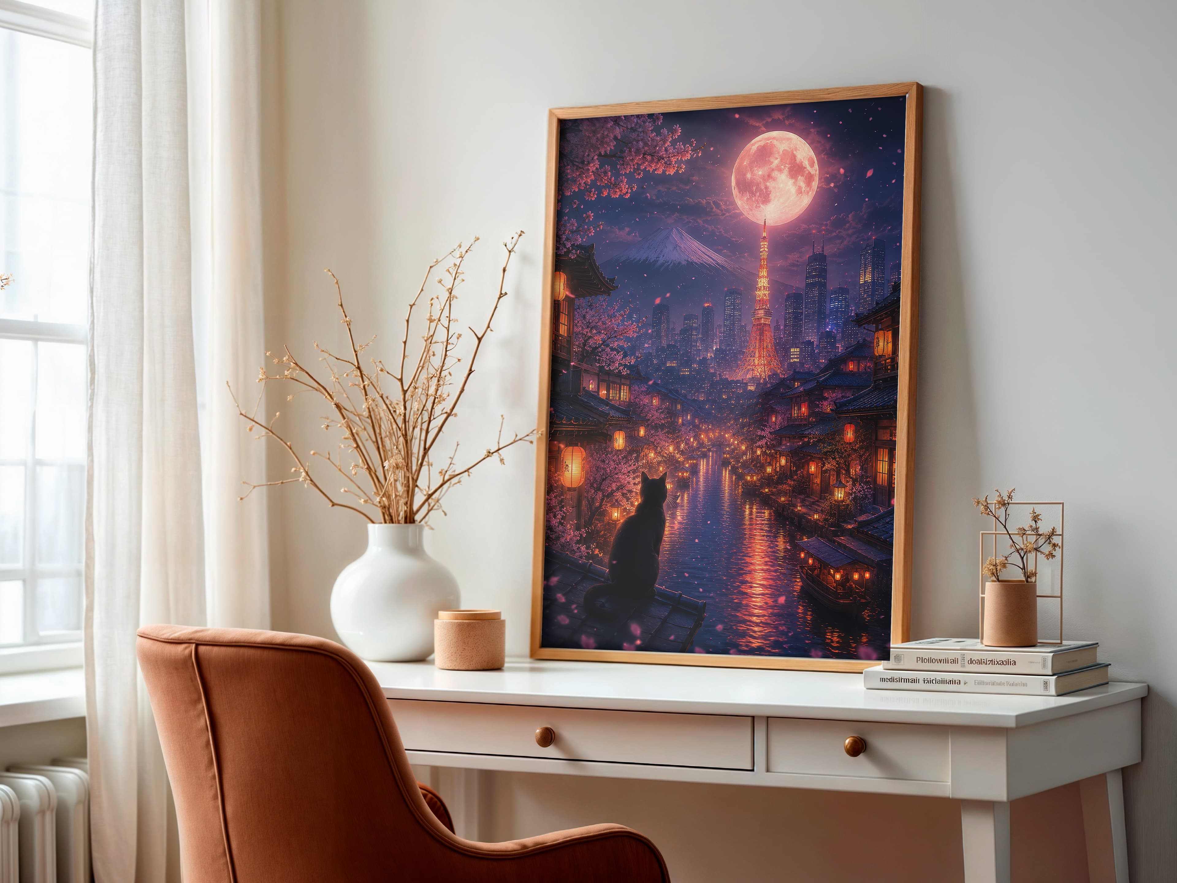 Black Cat Cherry Blossom Print