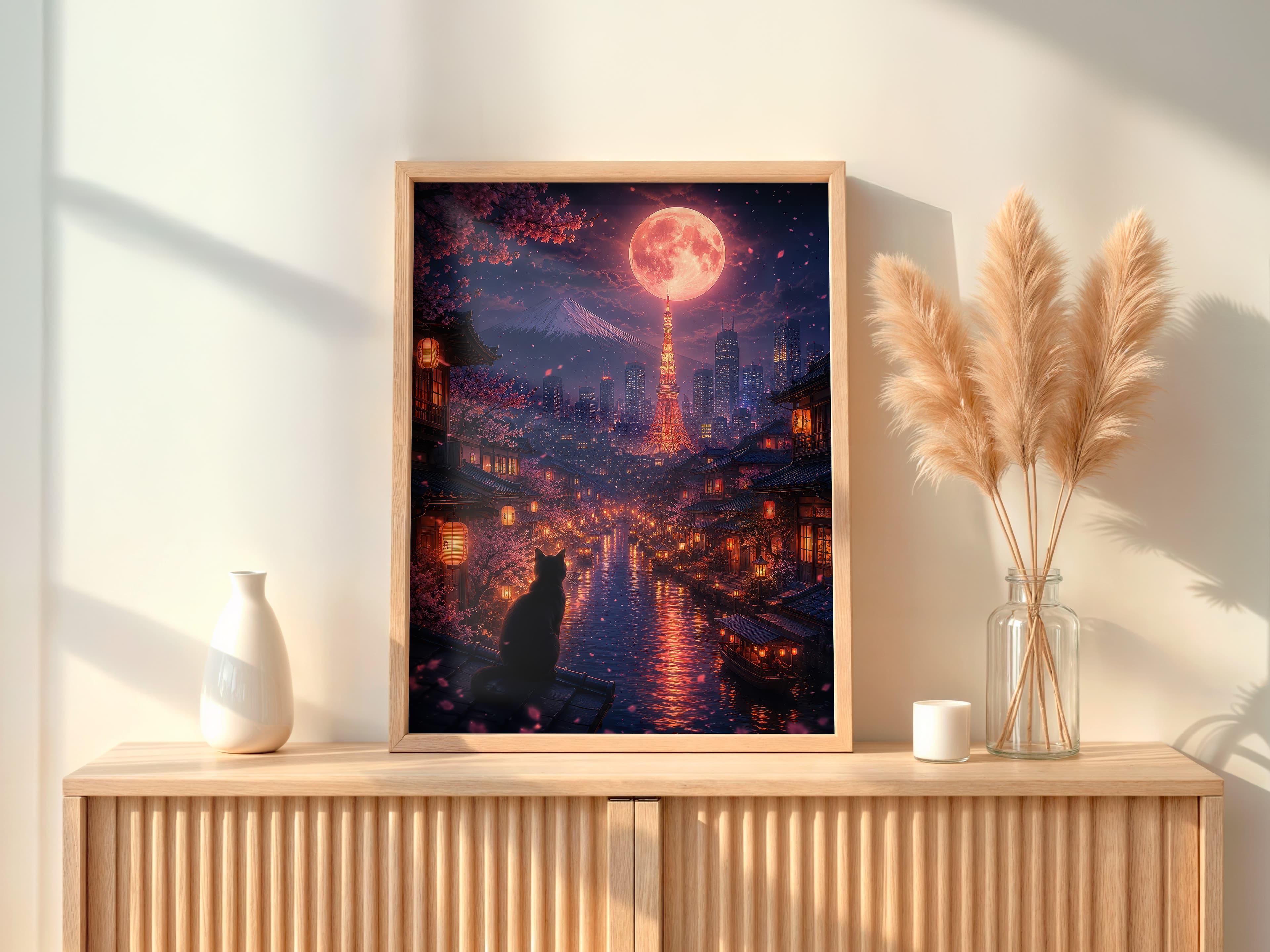 Black Cat Cherry Blossom Print