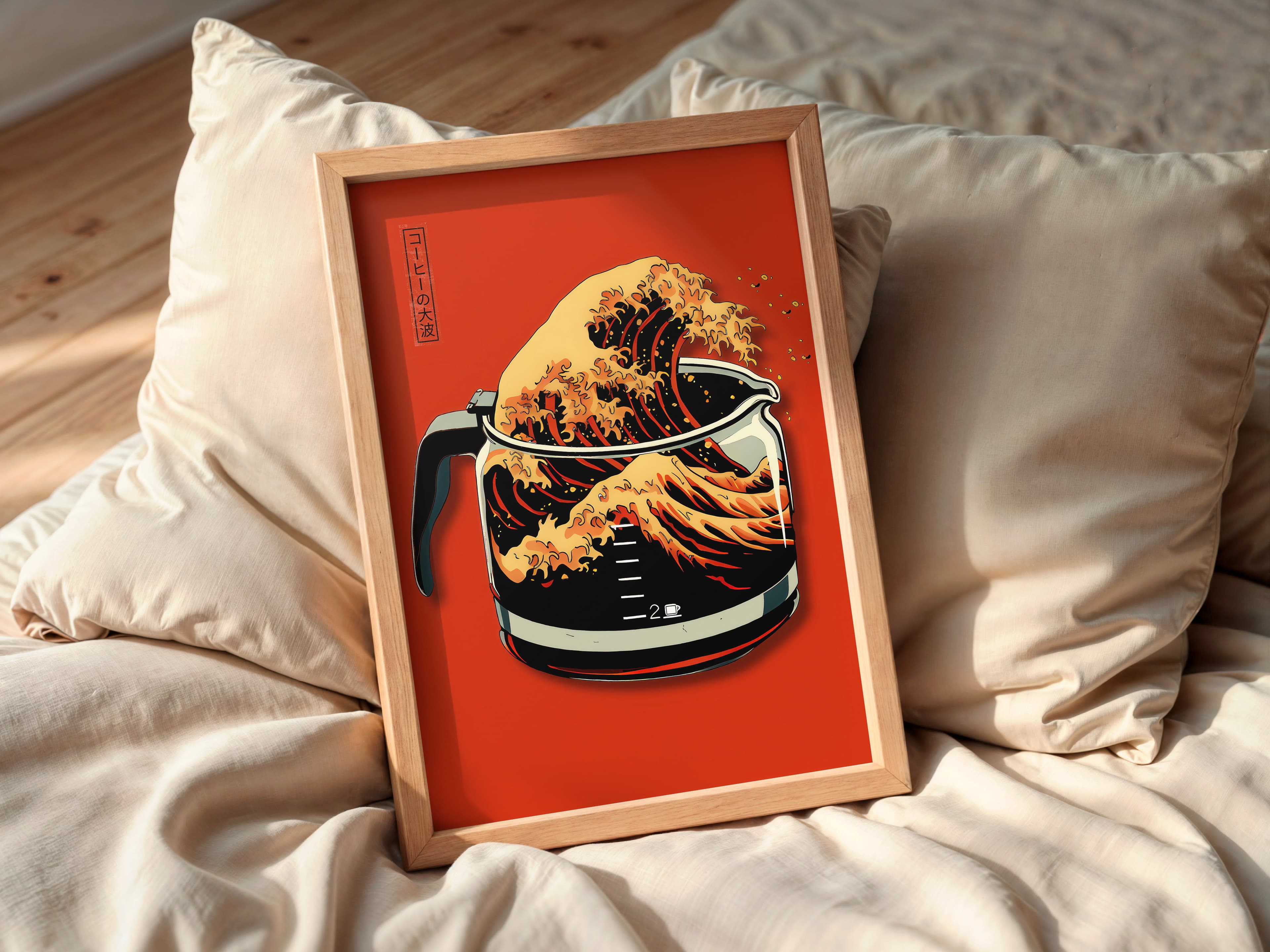 Coffee Wave Print, Hokusai Style Kitchen Wall Art, Japanese Cafe Poster