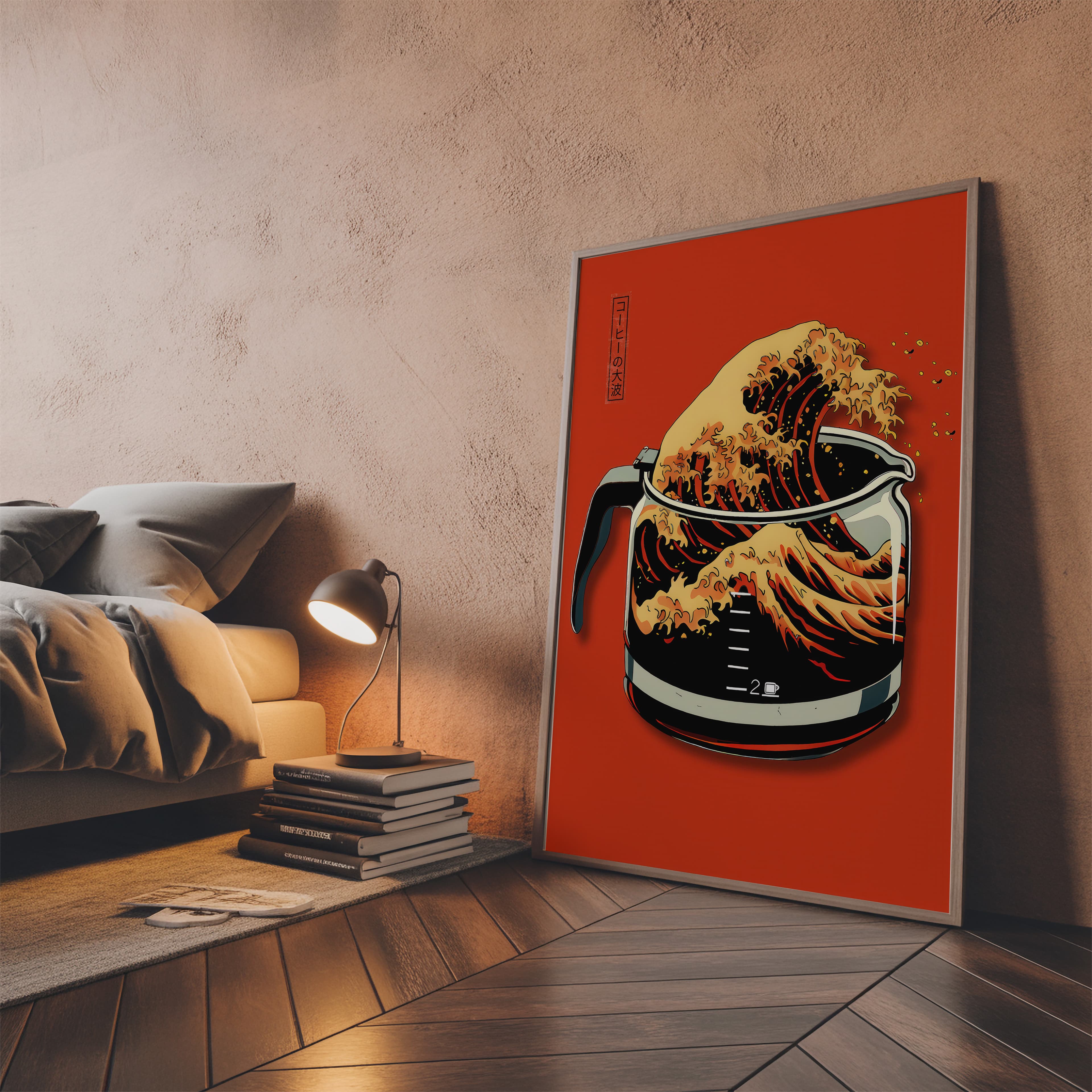 Coffee Wave Print, Hokusai Style Kitchen Wall Art, Japanese Cafe Poster