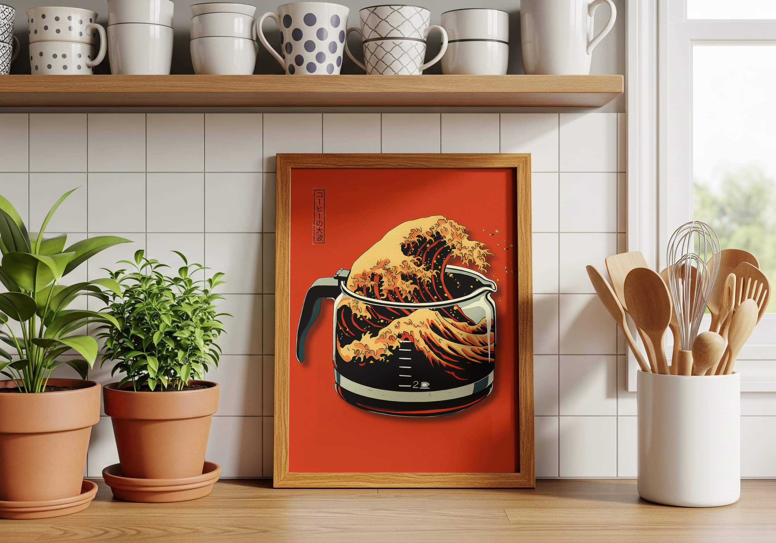 Coffee Wave Print, Hokusai Style Kitchen Wall Art, Japanese Cafe Poster