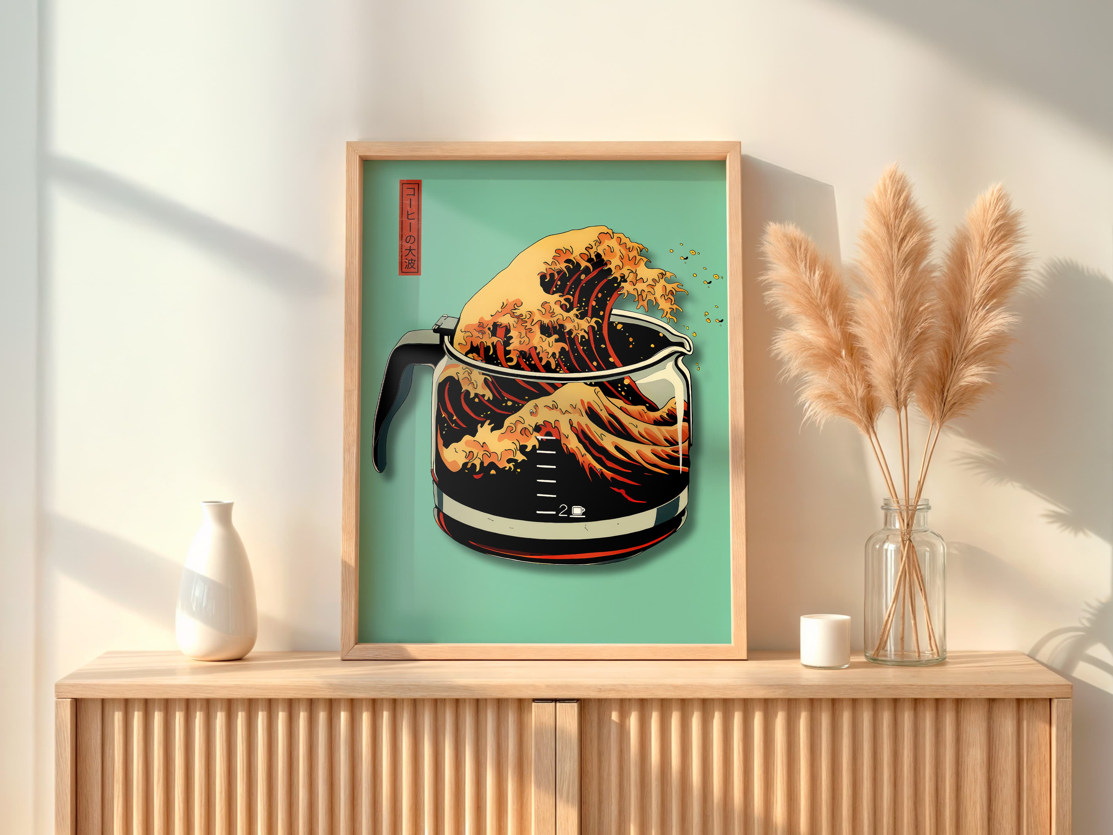 Mint Green Coffee Poster – Hokusai Wave Japanese Art