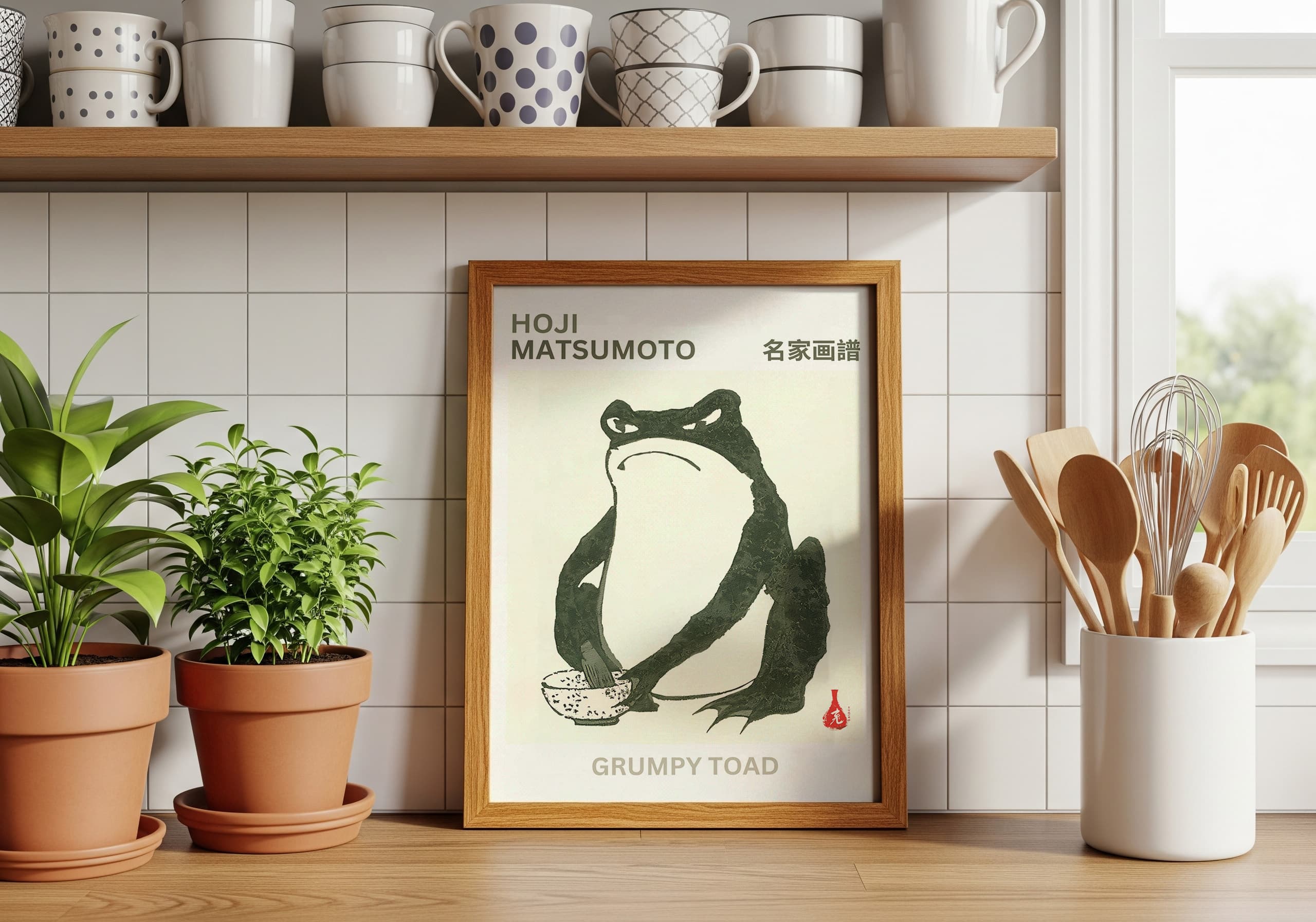 Grumpy Frog Print, Zen Wabi Sabi Wall Art, Minimalist Japanese Poster