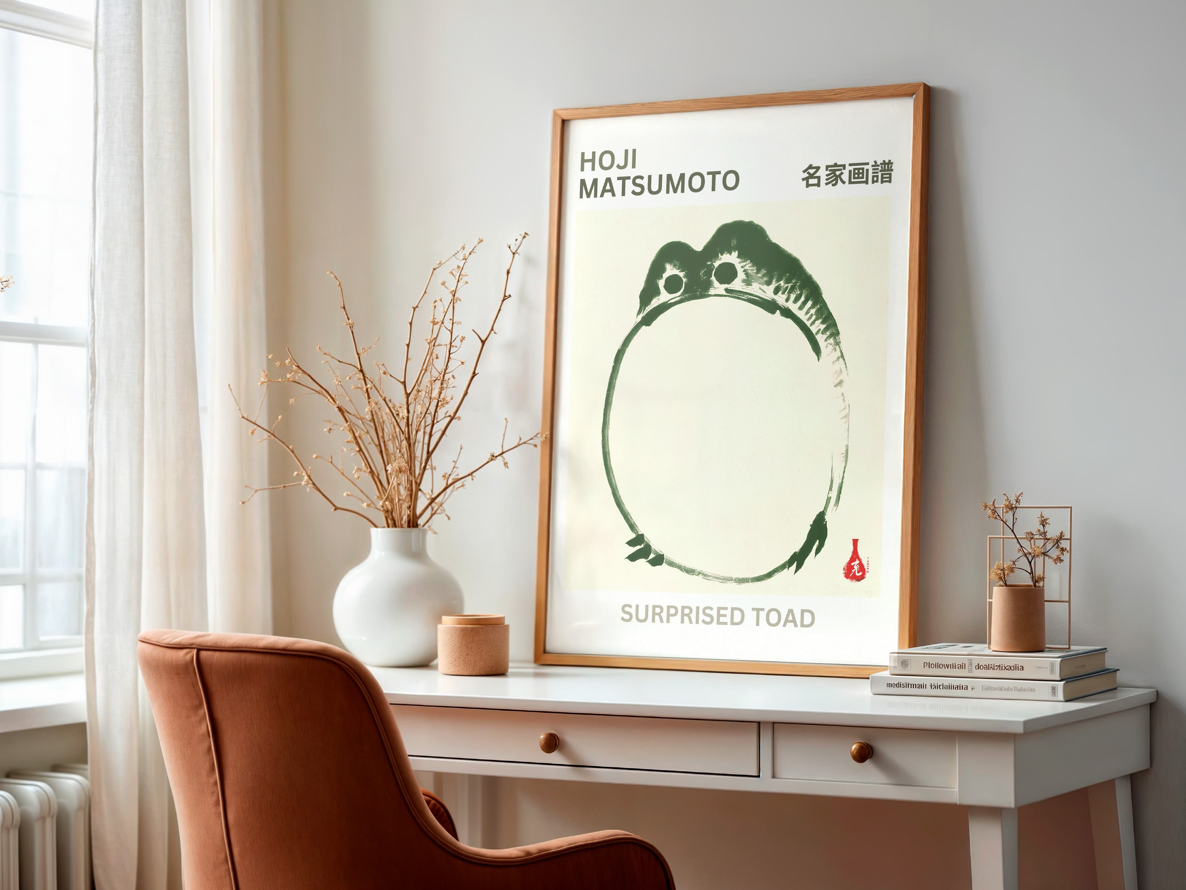 Surprised Toad Print, Japanese Frog Zen Wall Art, Minimalist Animal Decor