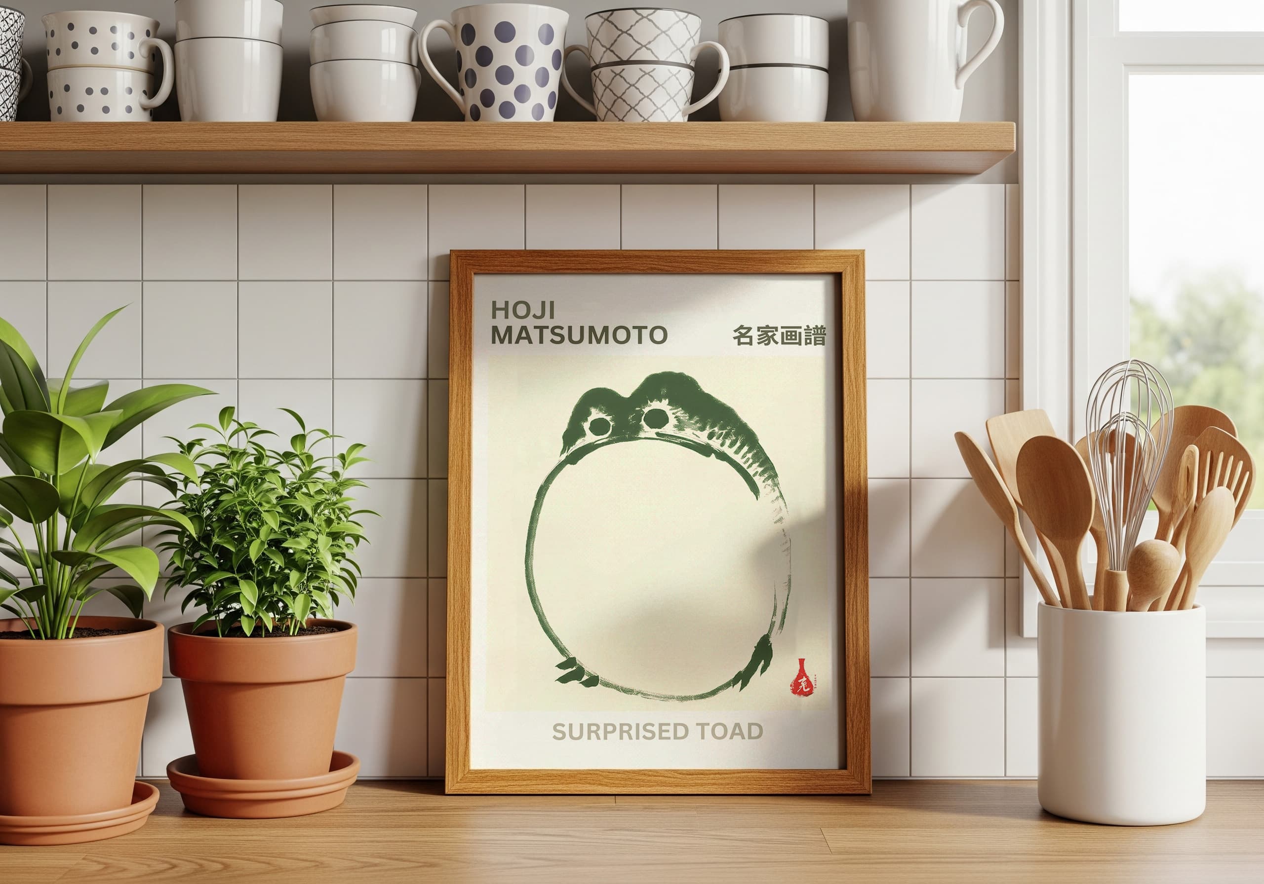 Surprised Toad Print, Japanese Frog Zen Wall Art, Minimalist Animal Decor