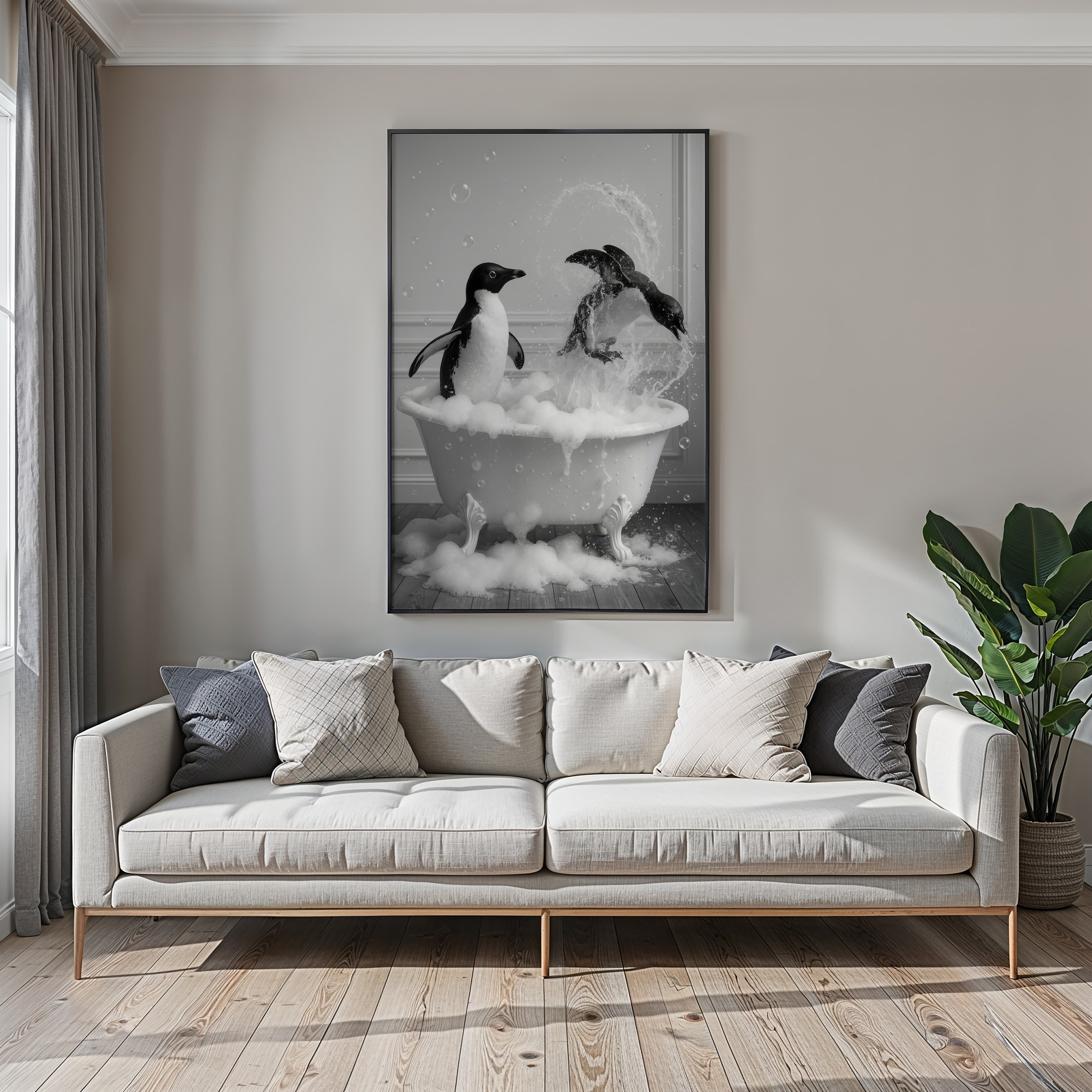 Penguin in Bathtub Print, Funny Bathroom Wall Art, Quirky Animal Poster