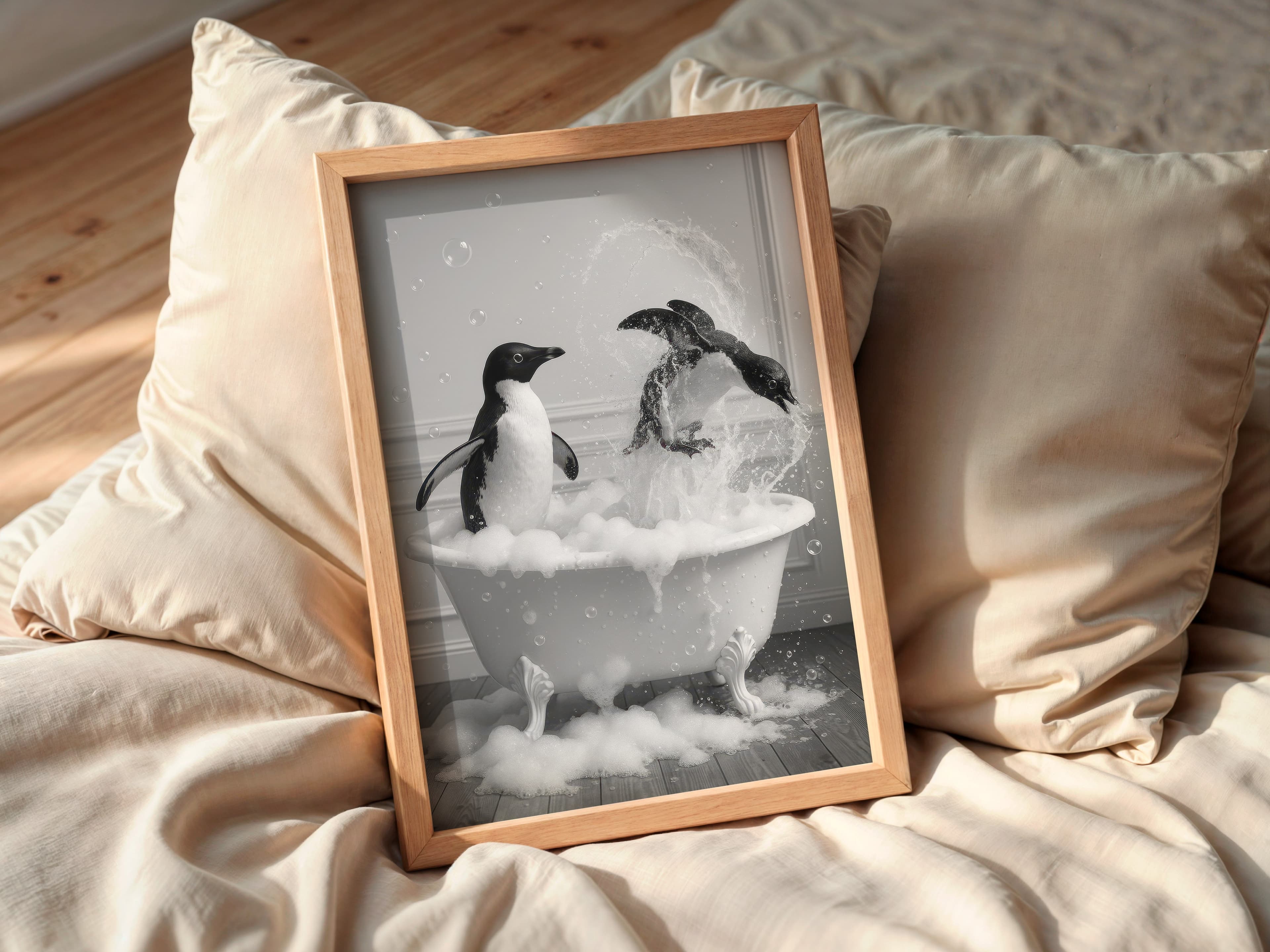 Penguin in Bathtub Print, Funny Bathroom Wall Art, Quirky Animal Poster
